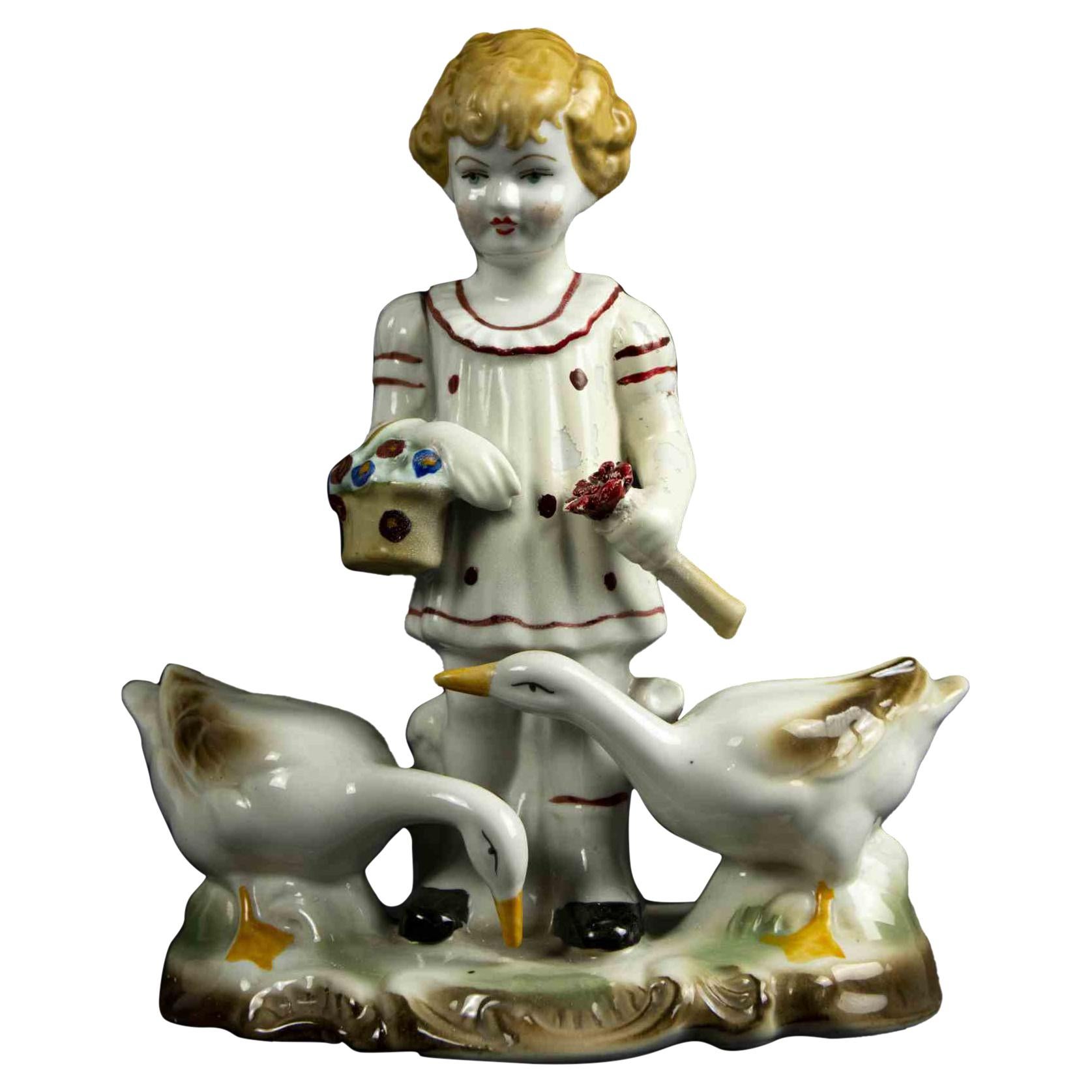 Child with Geese Porcelain Centerpiece, Italy, Mid-20th Century