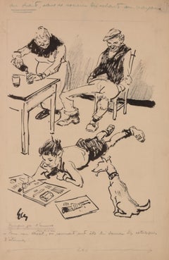 "Child with Grandparents" Looking at a Catalog of Musical Instruments