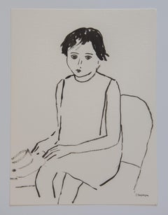 Child with Hat Unframed Drawing in Ink 100% Cotton Paper Black White Intimist
