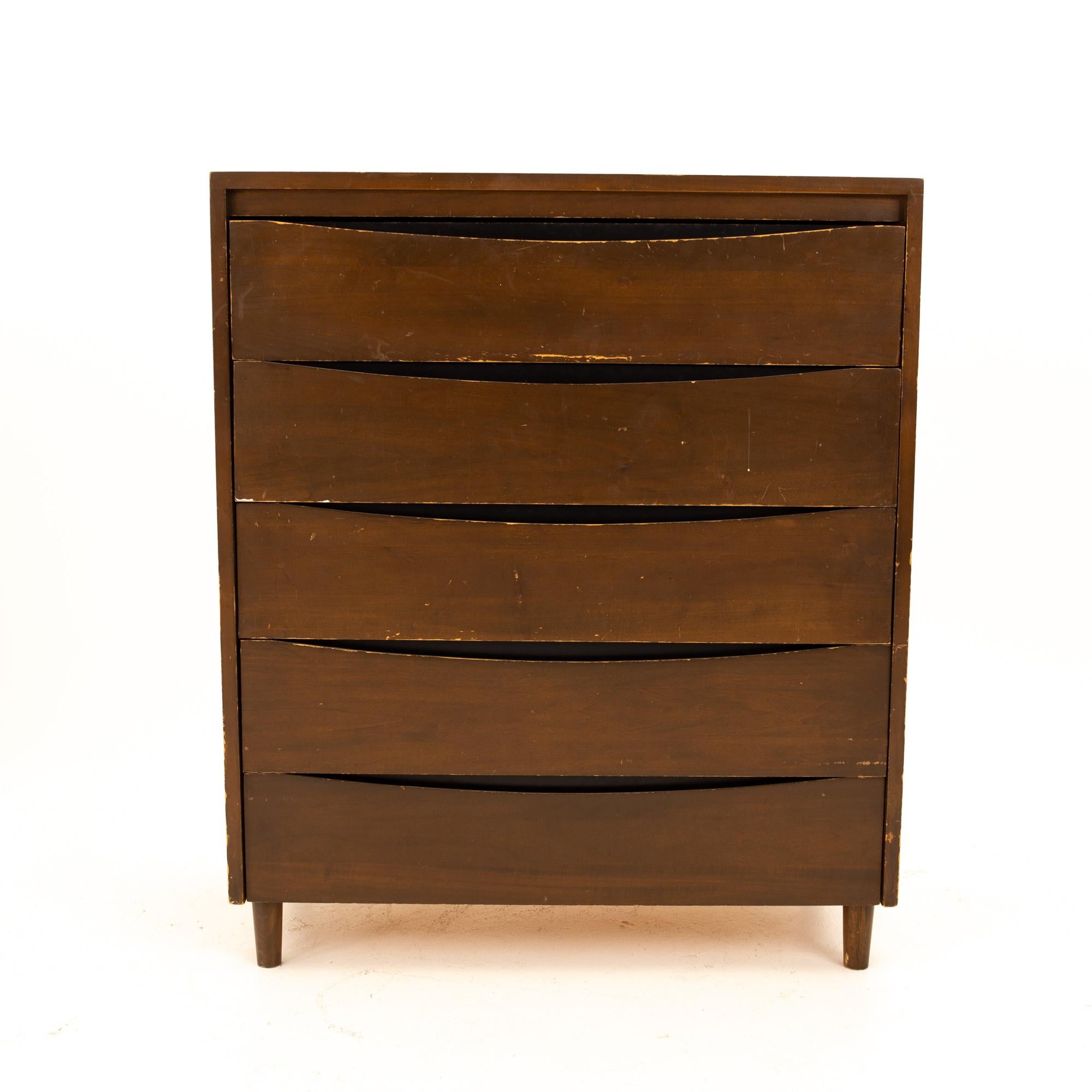 Childcraft Mid Century 5-drawer walnut highboy dresser
Dresser measures: 34 wide x 17.5 deep x 40.5 high

All pieces of furniture can be had in what we call restored vintage condition. That means the piece is restored upon purchase so it’s free of