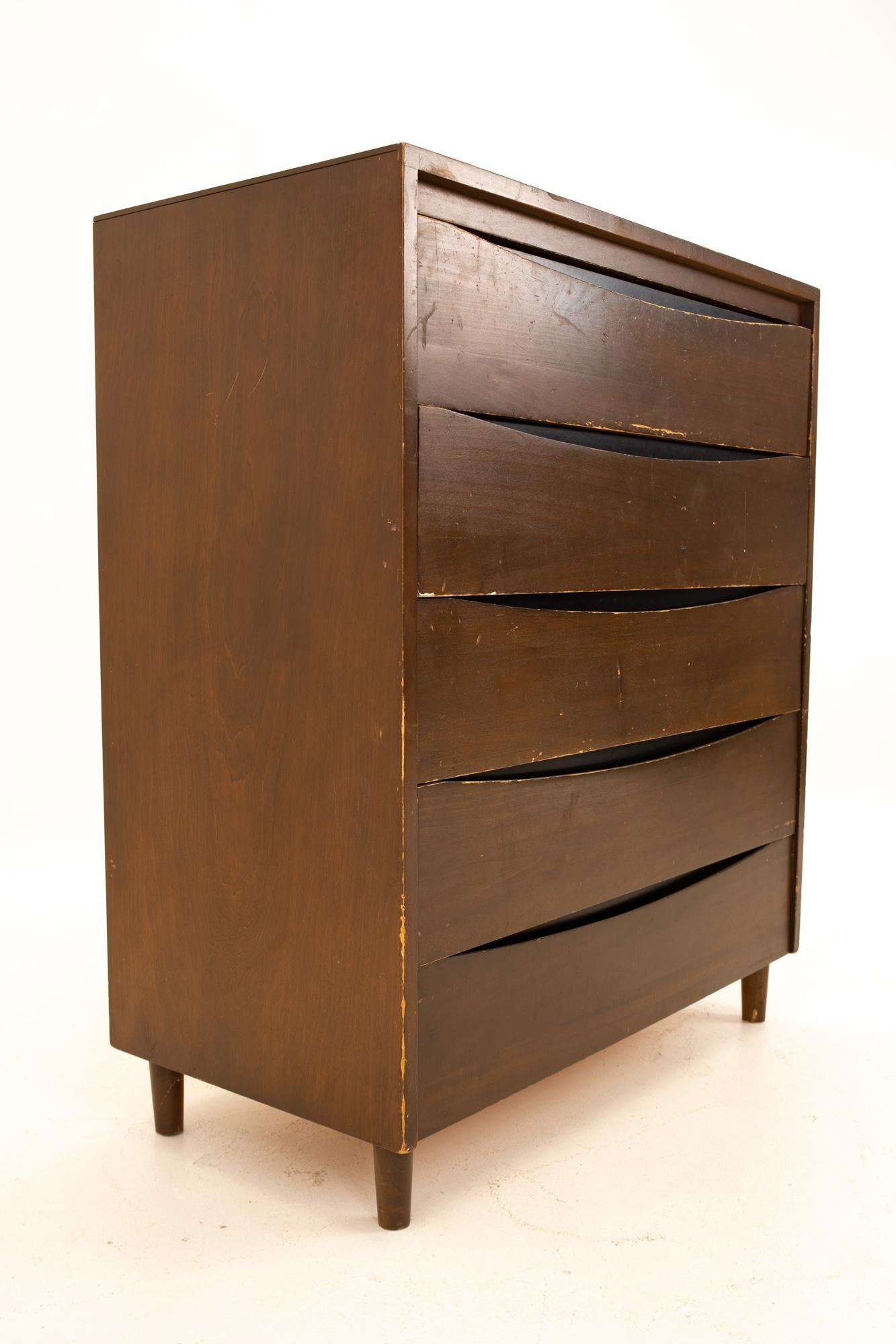 Mid-Century Modern Childcraft Mid Century 5-Drawer Walnut Highboy Dresser