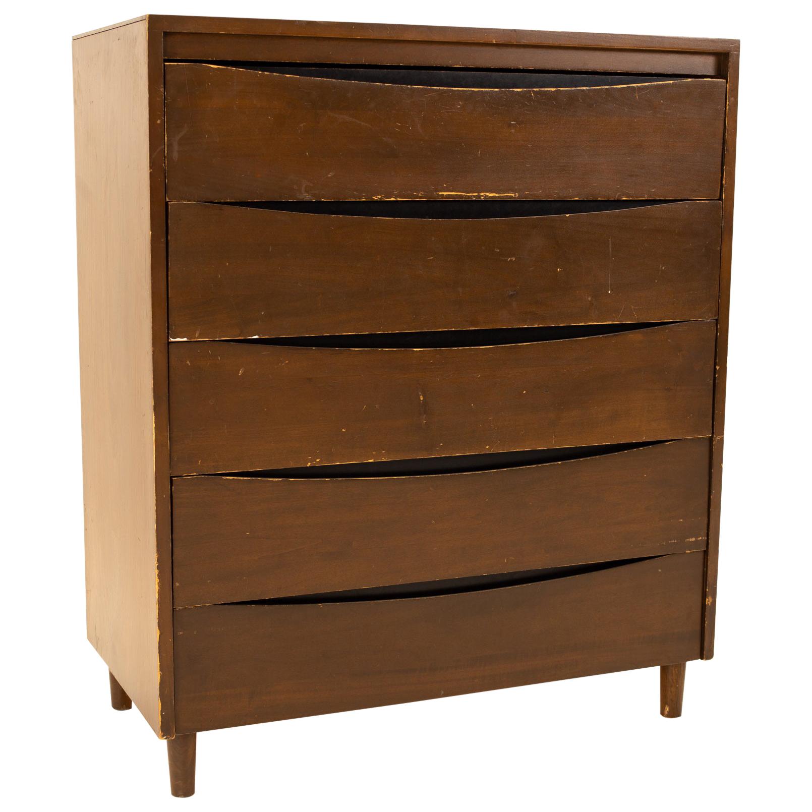 Childcraft Mid Century 5-Drawer Walnut Highboy Dresser