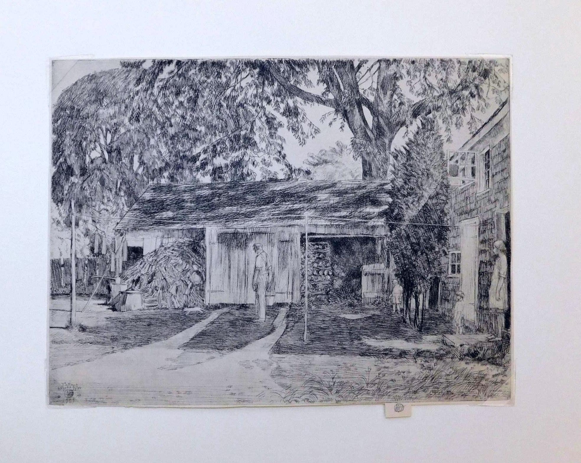Original Etching by Childe Hassam (1859 - 1939). Created 1929.
Title: The Old Woodshed, East Hampton

Etching trimmed to plate and signed in pencil with his cypher on the lower tab. 
Also, his cypher and the date are seen in the plate lower