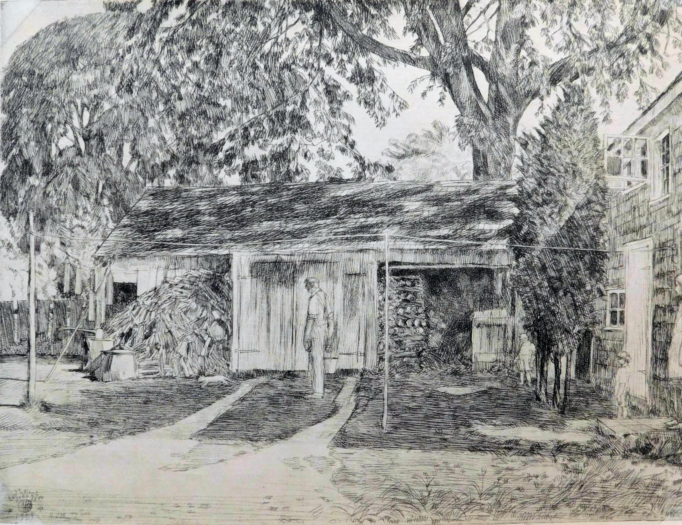 20th Century Childe Hassam Original Etching, 1929 - “The Old Woodshed, Easthampton” For Sale