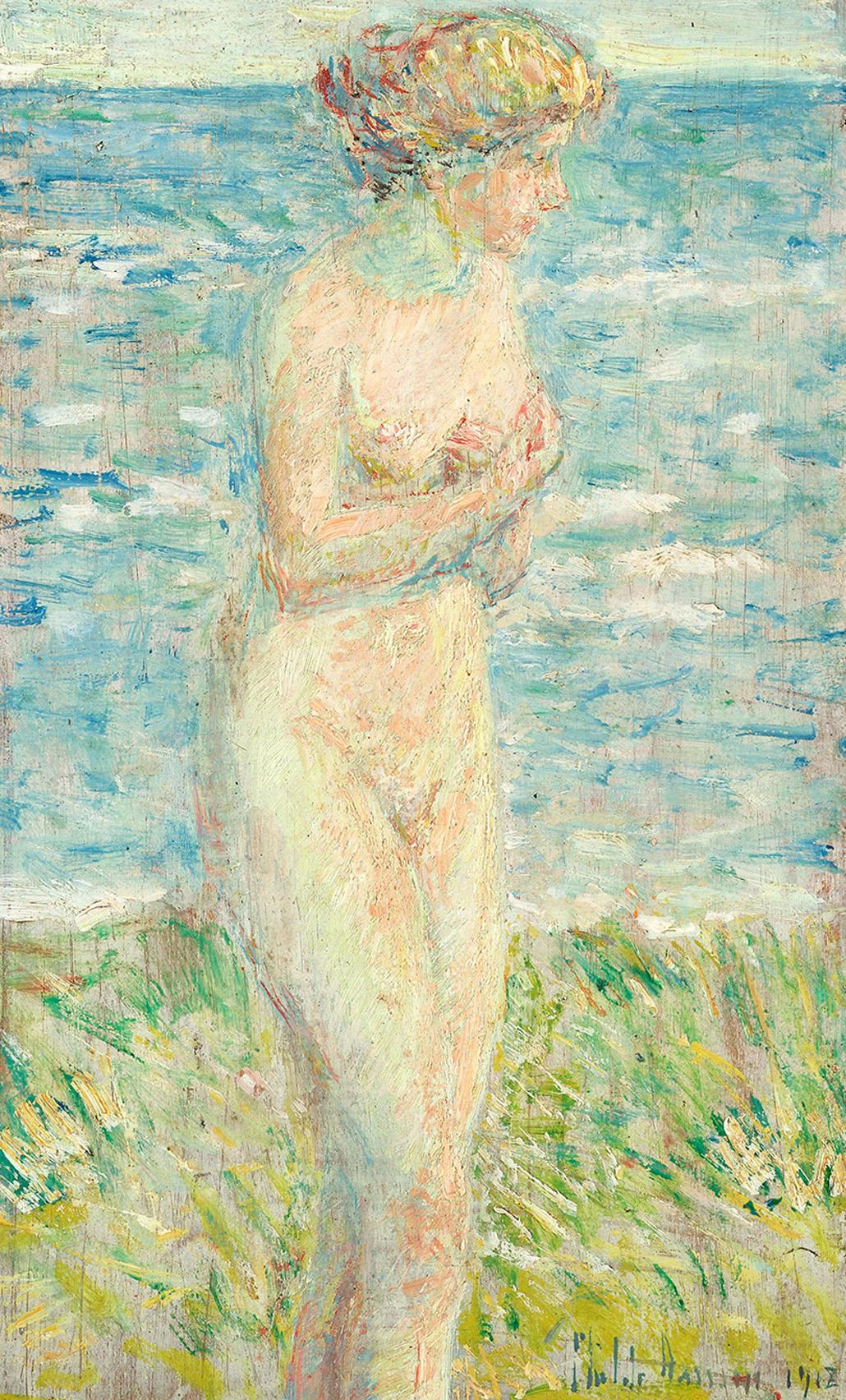 CHILDE HASSAM (1859-1935)
A Bather, Silver Beach Grass, 1918
Oil on panel
9 5/16 x 5 9/16 inches
Signed and dated lower right: Childe Hassam / 1918

PROVENANCE
E. & A. Milch, New York, New York
Mrs. C. F. (Emily Lynch) Samson,