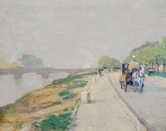 Antique Childe Hassam - Banks of the Seine, impressionist, american, french, cart, horse