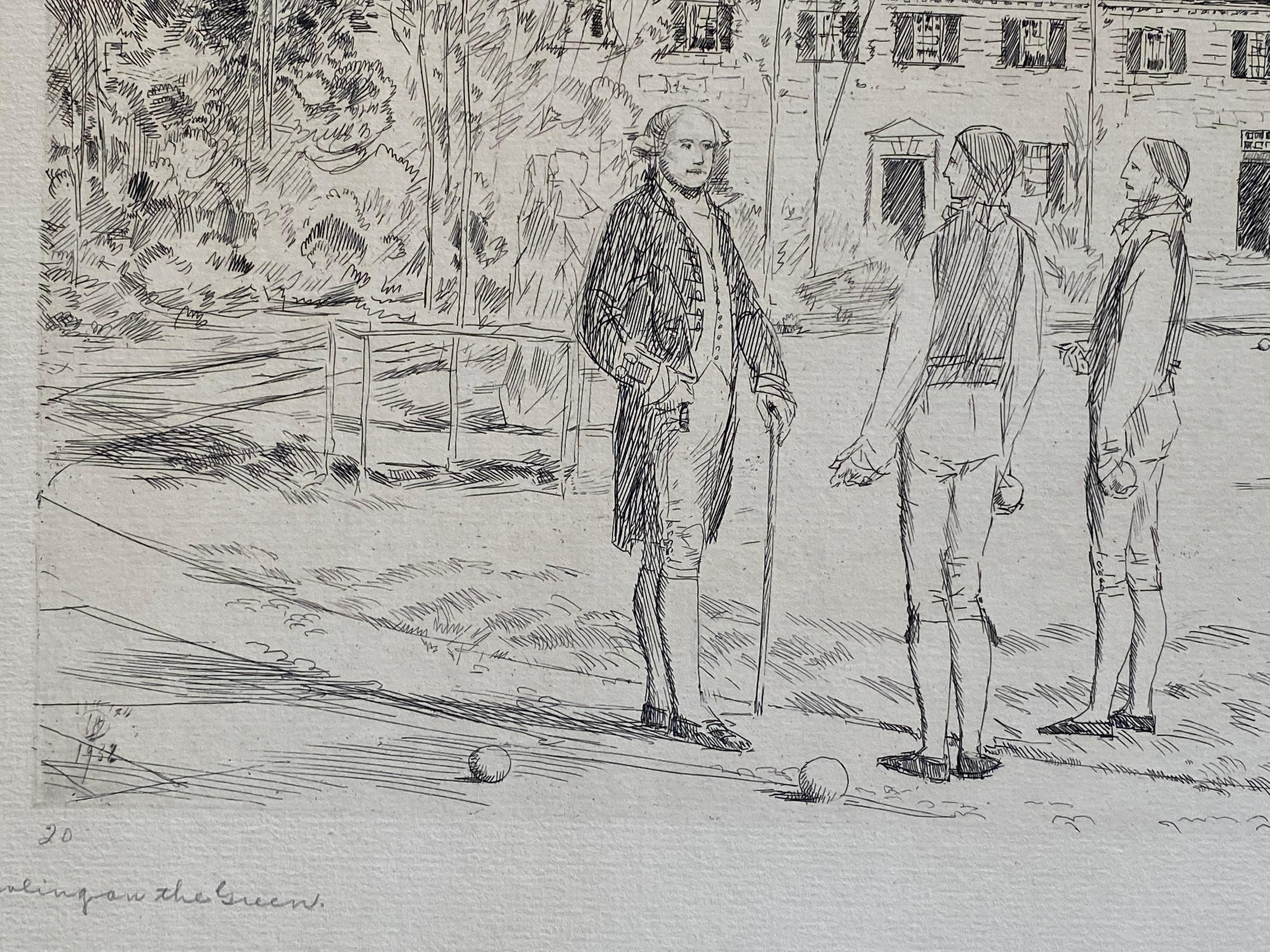 CHILDE HASSAM (American, 1853-1935)
Bowling on the Green, from The Bicentennial Pageant of George Washington (C. 377), 1931-32
Etching printed on laid paper, initialed in pencil and annotated '20', published by the George Washington Memorial