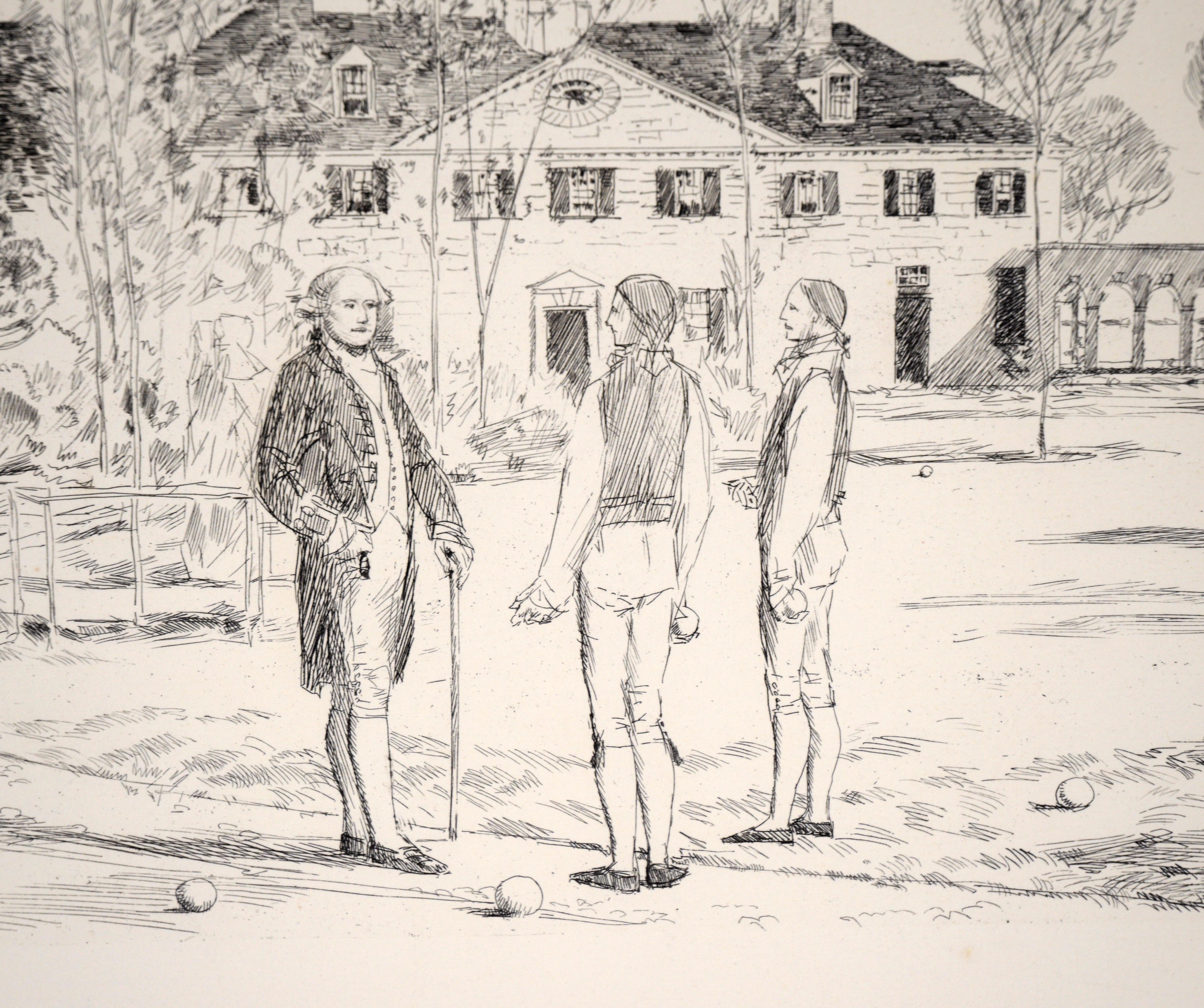 Bowling on the Green (from the Bicentennial Pageant of George Washington)

'Bowling on the Green', by printmaker Frederick Childe Hassam, depicts George Washington and friends lawn bowling at Mount Vernon and was included in the 'Bicentennial