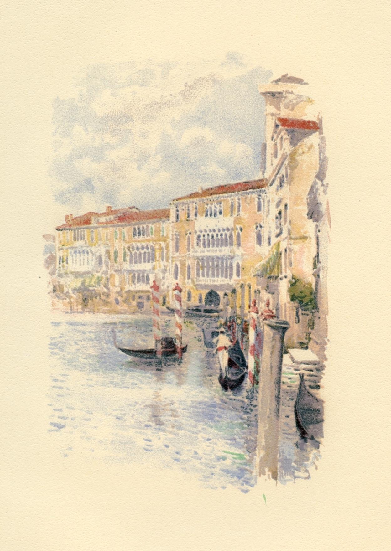 Medium: chromolithograph (after the watercolor). This delightful antique lithograph was published in a small edition in 1892 to illustrate a rare volume with scenes of Venetian life. A beautiful, richly inked impression on cream wove paper. Image