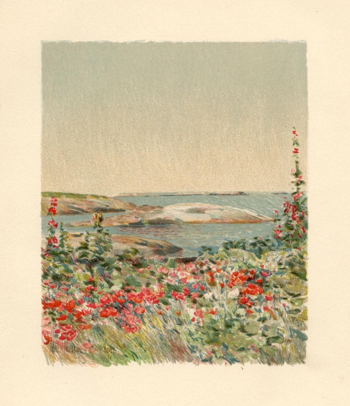 Medium: chromolithograph (after the watercolor). Beautifully printed in 1894 to illustrate the rare Celia Thaxter volume entitled "An Island Garden". Celia Thaxter and Childe Hassam were close friends, and some of his loveliest compositions were of