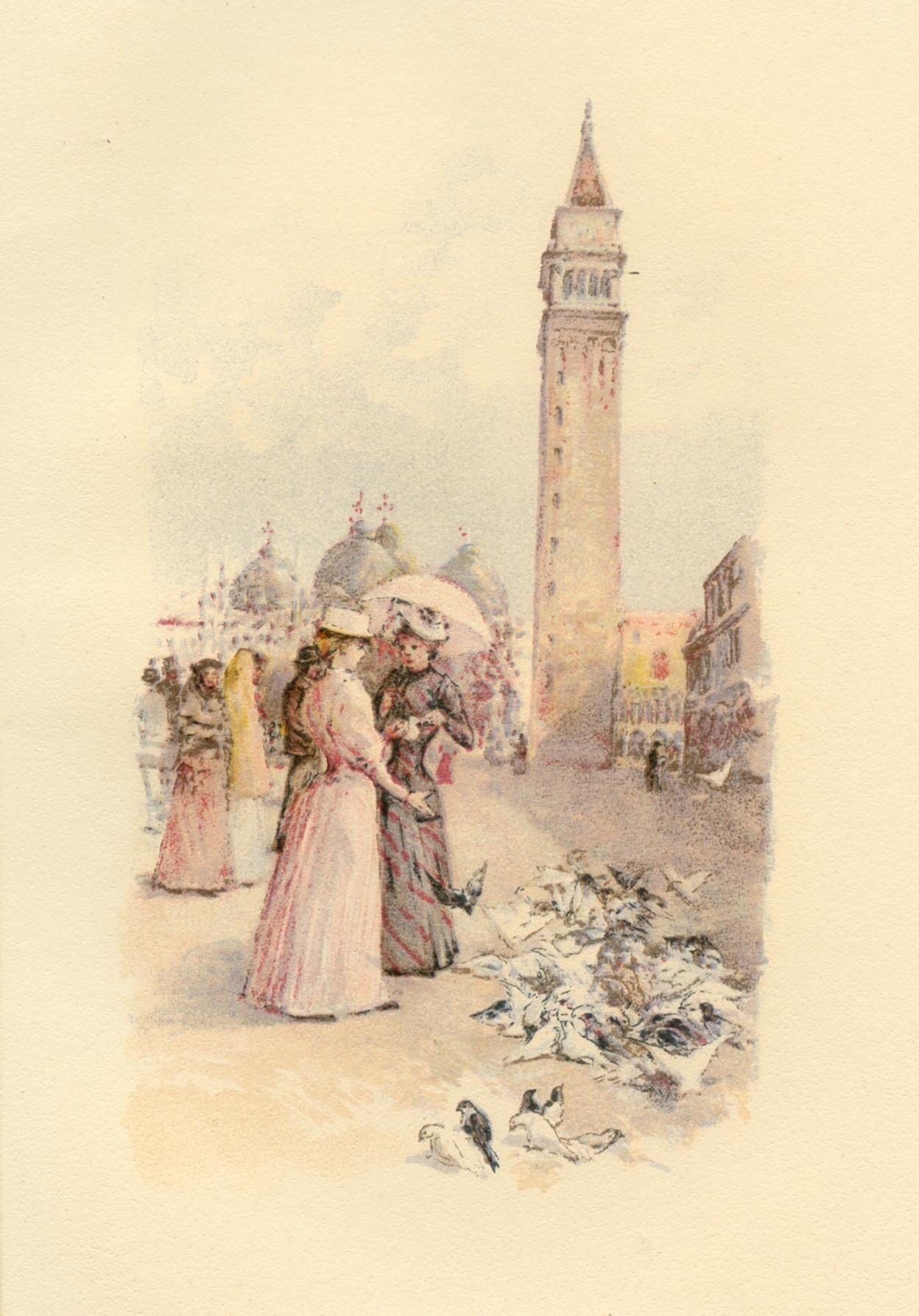 Medio: cromolitografía (después de la acuarela). Esta deliciosa litografía antigua se publicó en una pequeña edición en 1892 para ilustrar un raro volumen con escenas de la vida veneciana. Una bella impresión, ricamente entintada, sobre papel tejido