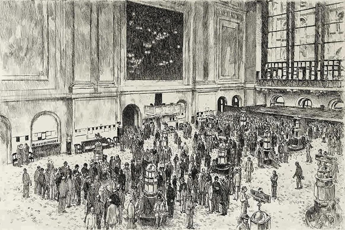 Floor of the Stock Exchange. 1927. Etching. Cortissoz, Clayton 266. 9 7/8 x 14 3/4 (sheet 11 7/8 x 17 3/8). No published edition. A rich impression with carefully-wiped plate tone printed on cream wove paper. Drying tack holes in the margins.