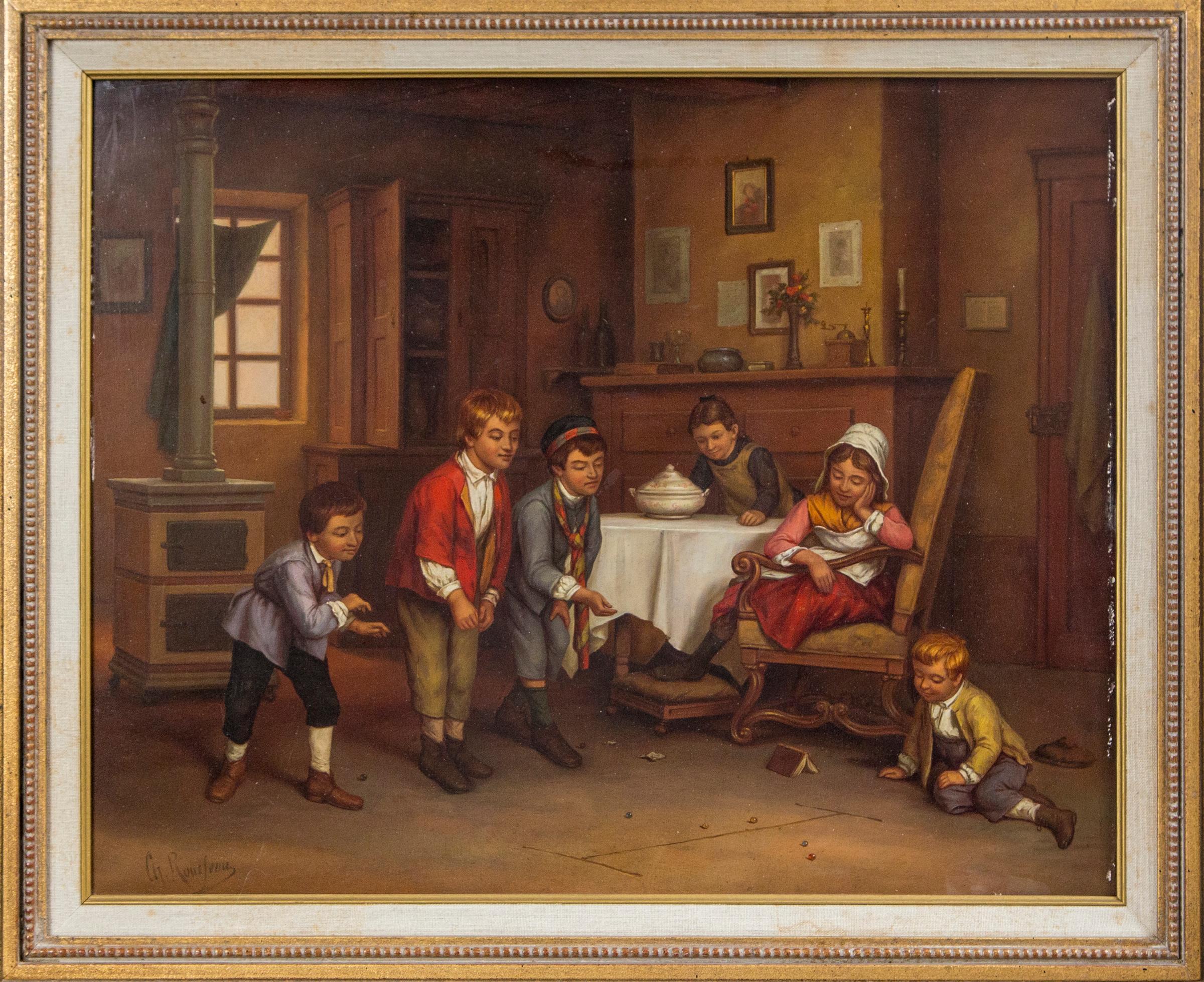 Six children playing marbles in a dark interior. Painted on board and signed lower left Ch Rousseau (Charles Rousseau Belgium 1862-1916). Measurements are the frame size. Label on the back of the panel Watkins & Deal
fine art specialists, picture