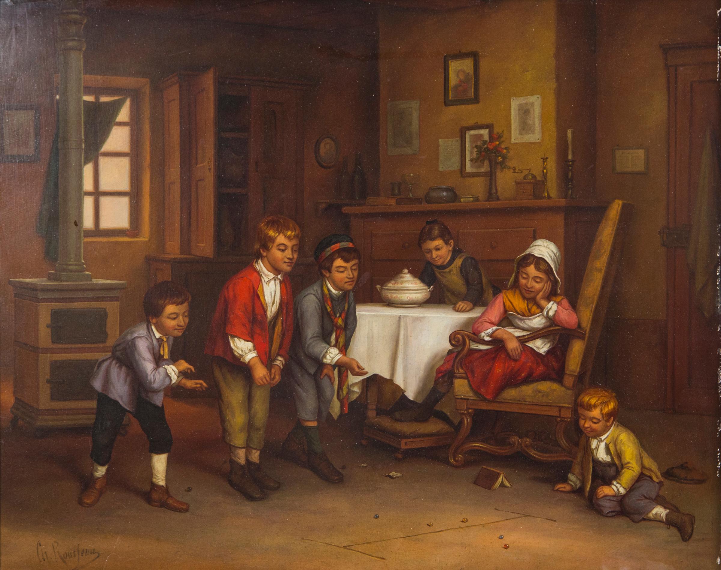 Belgian Children at Play in an Interior Signed Ch Rousseau For Sale
