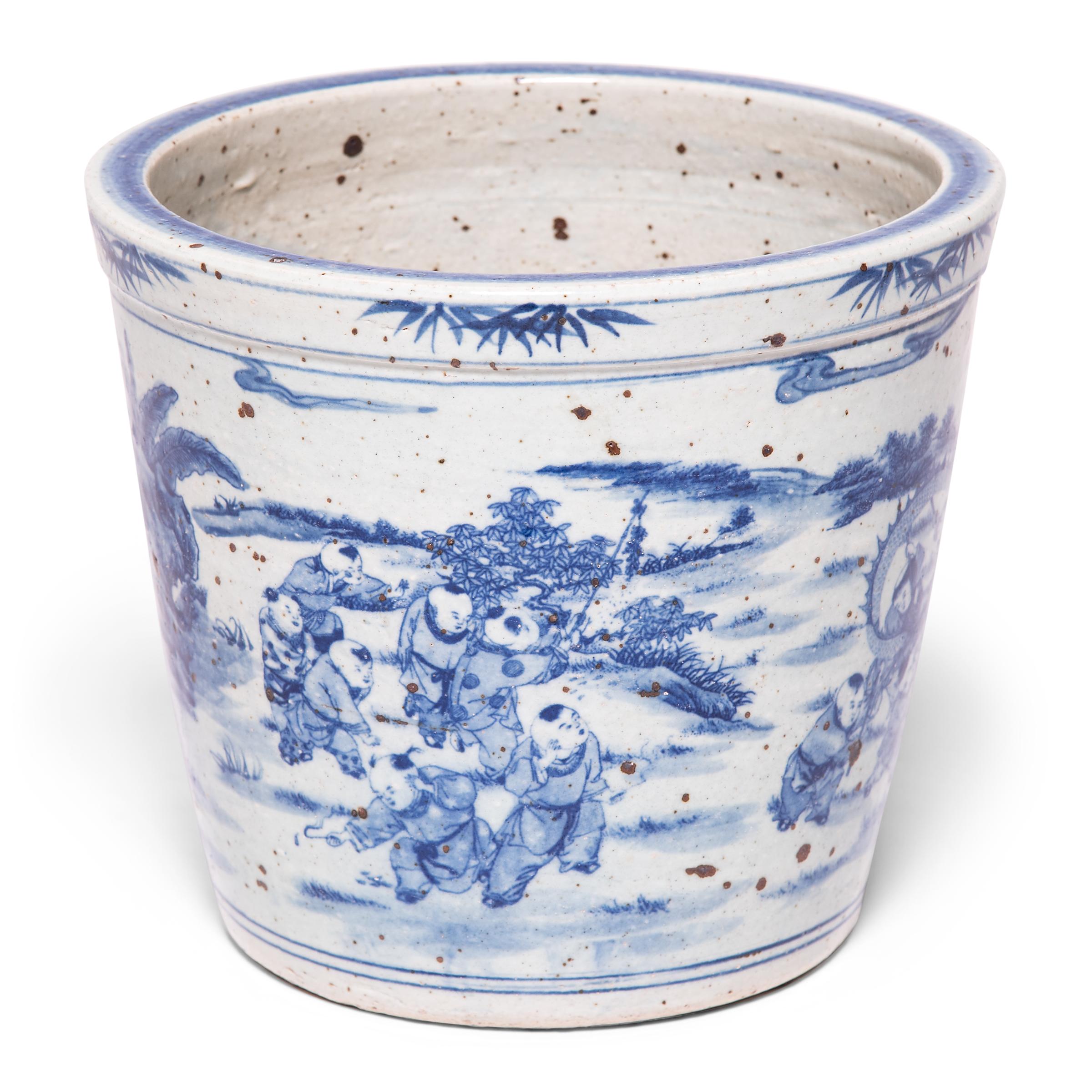 Chinese blue and white ceramics have inspired ceramists worldwide since cobalt was first introduced to China from the Middle East thousands of years ago. This porcelain jar was once a feature of a Qing-dynasty scholar's studio, and was intended to