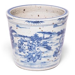"Children in the Garden" Early 20th Century Chinese Blue and White Scroll Pot