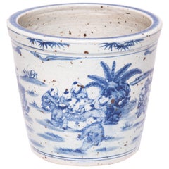 "Children in the Garden" Early 20th Century Chinese Blue and White Scroll Pot