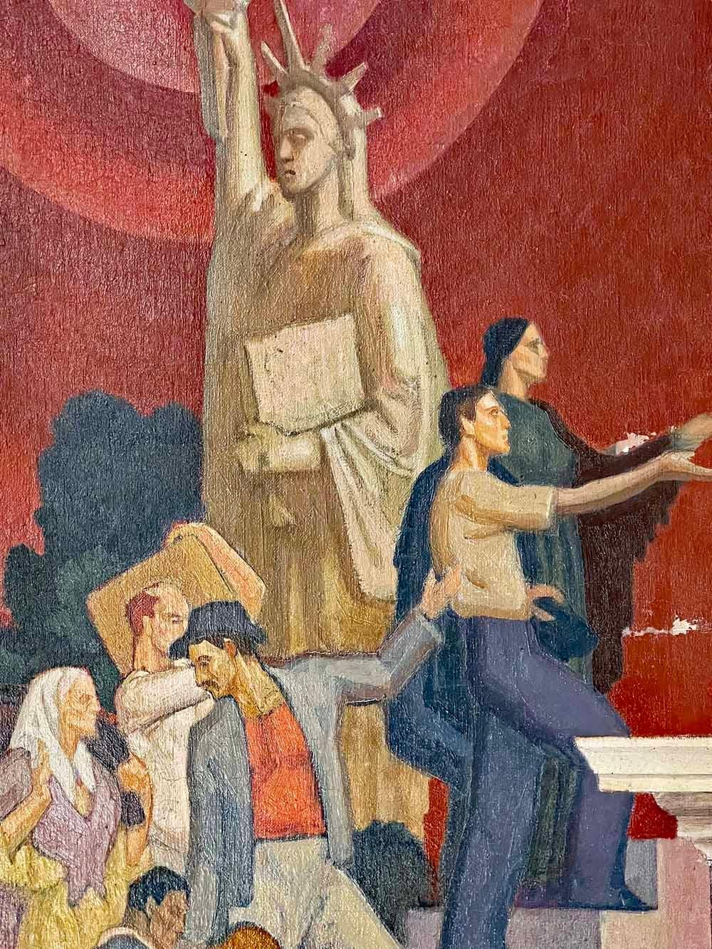 Cette importante et très rare étude murale, exécutée à l'huile sur toile, a été peinte par Dunbar Beck dans les années 1930, manifestement pour un projet qui n'a jamais été achevé. Le tableau représente, à la manière classique de la WPA, un ensemble