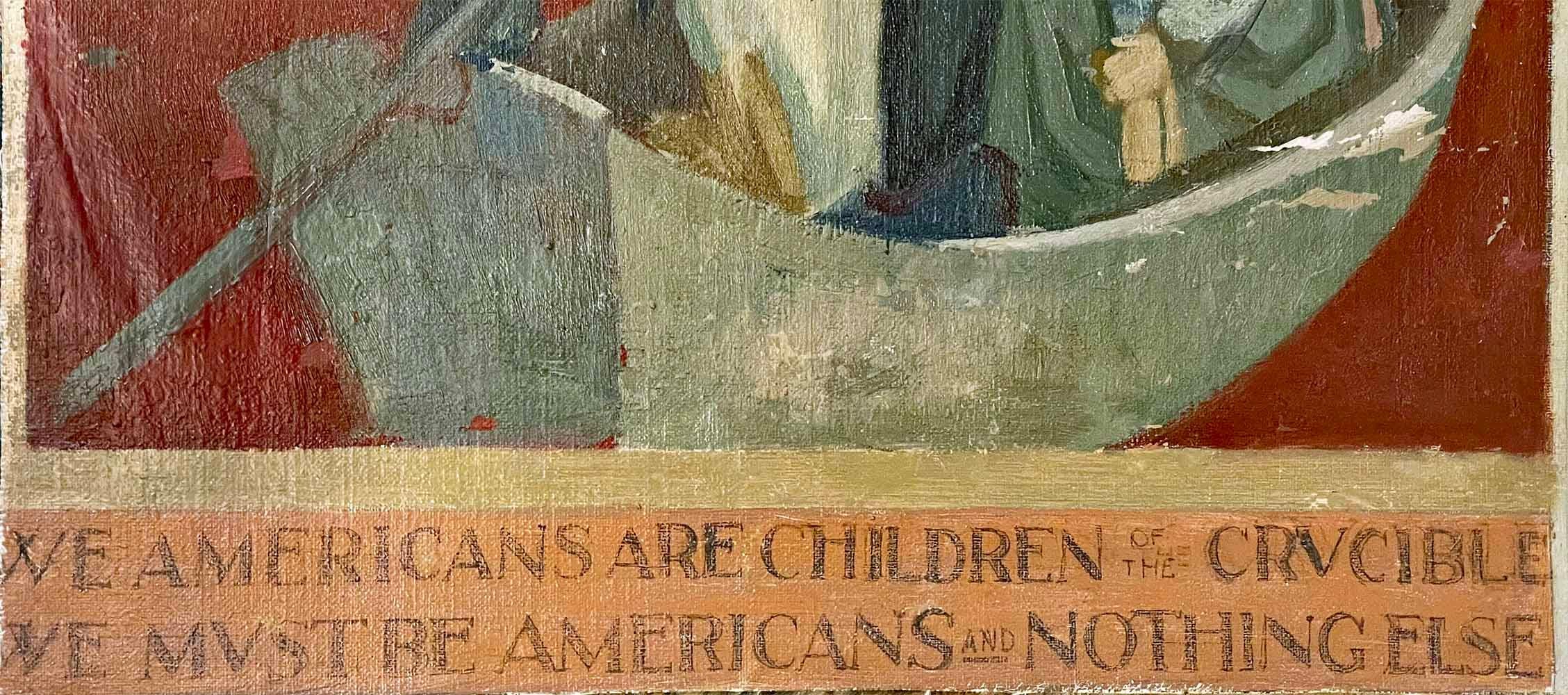 Milieu du XXe siècle « Children of the Crucible », saisissante peinture murale Art déco de Beck, citation de T. Roosevelt en vente