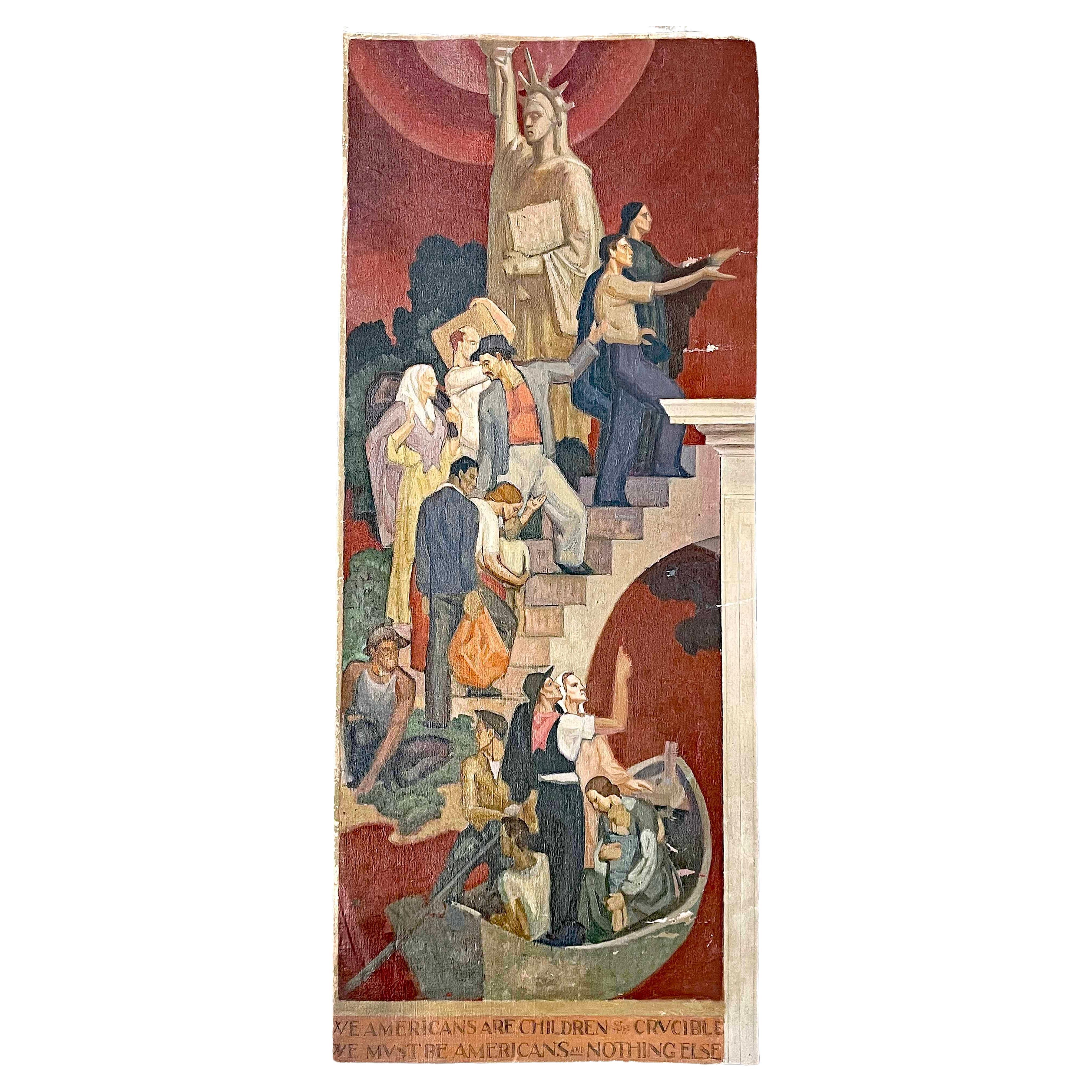 « Children of the Crucible », saisissante peinture murale Art déco de Beck, citation de T. Roosevelt en vente