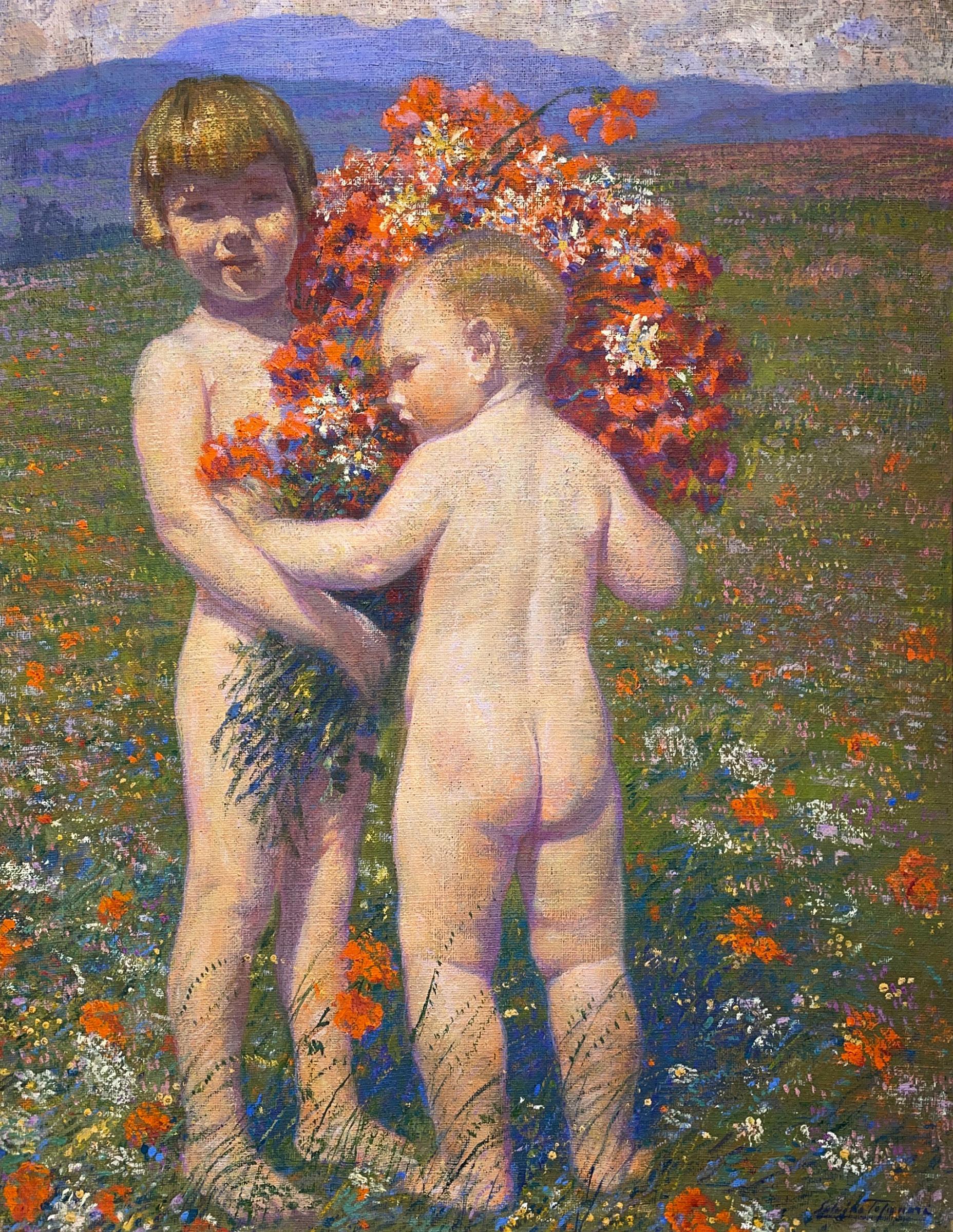 Mountain Flowers and Children Painting, Oil on Canvas, Salvino Tofanari, 1930 10