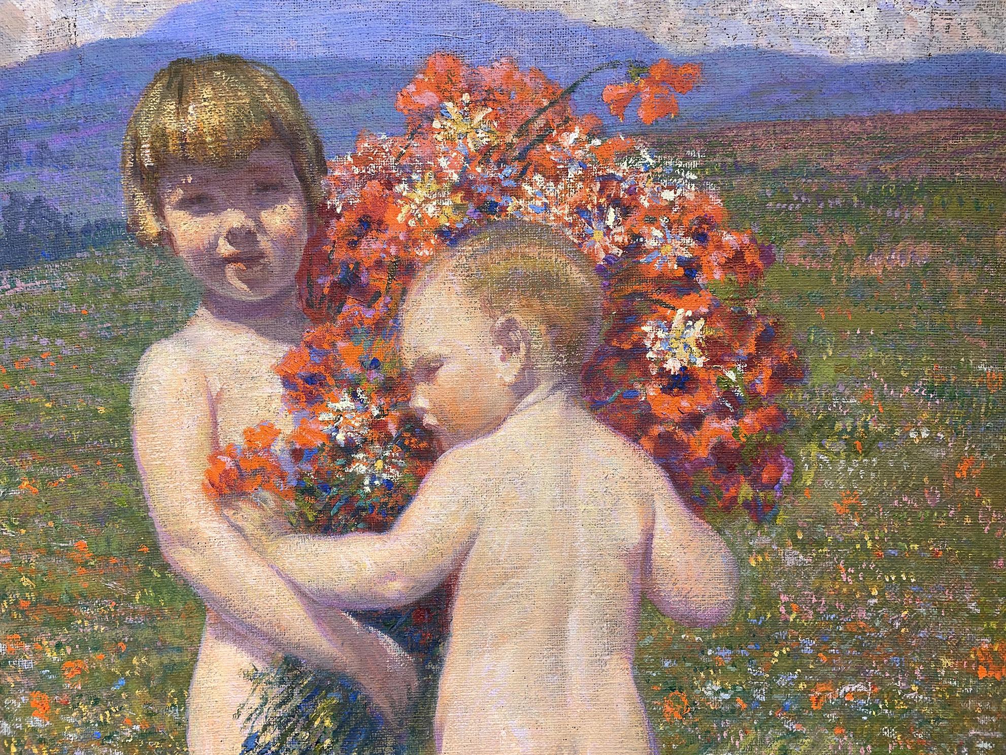Mountain Flowers and Children Painting, Oil on Canvas, Salvino Tofanari, 1930 11