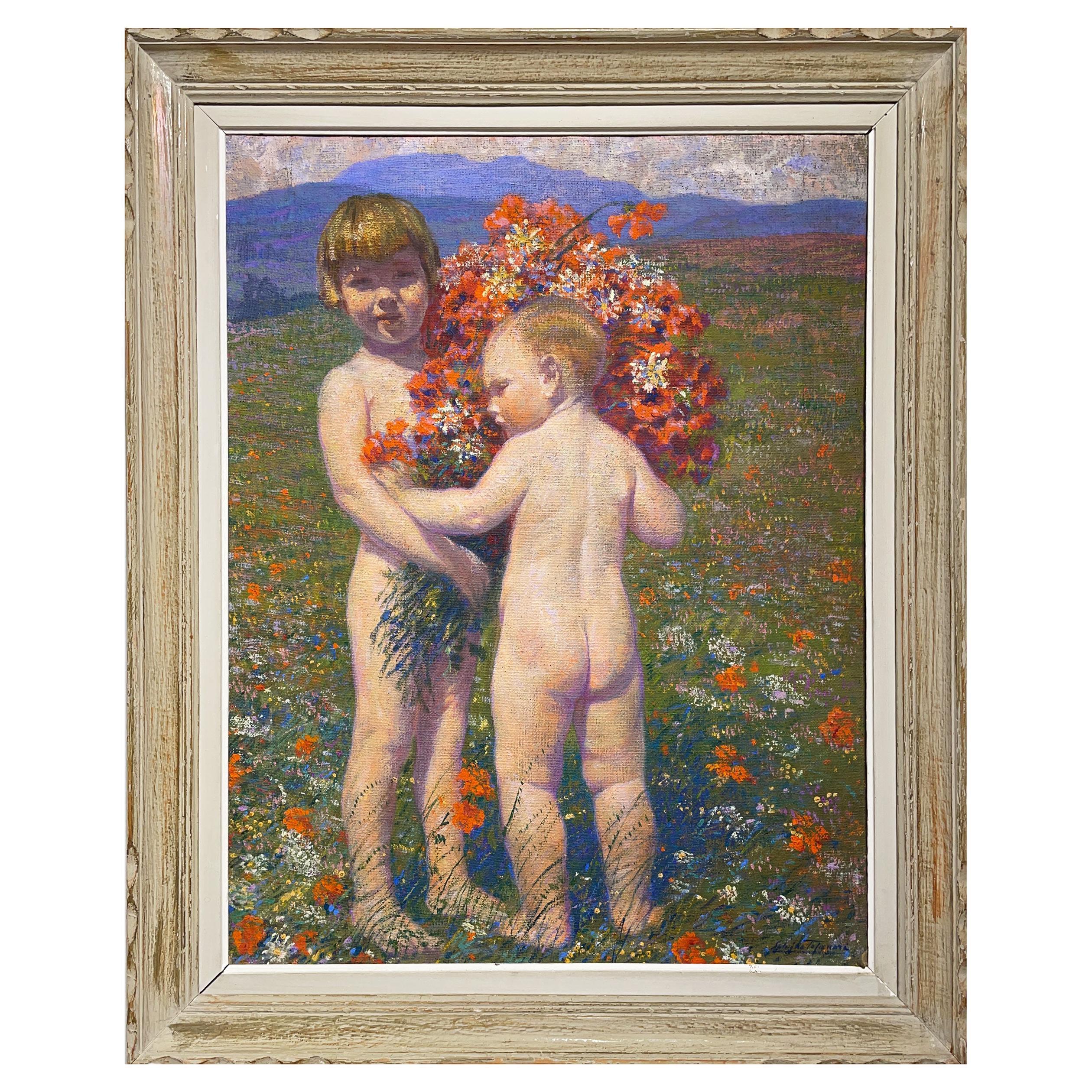 Mountain Flowers and Children Painting, Oil on Canvas, Salvino Tofanari, 1930