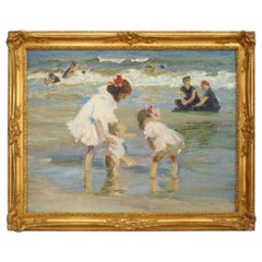 Viktorianisches, handgemaltes Strandbild mit Kindern, Ende des 20. Jahrhunderts