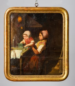 Children Playing Antique Painting, Framed, 35x30.5 cm, Belgium