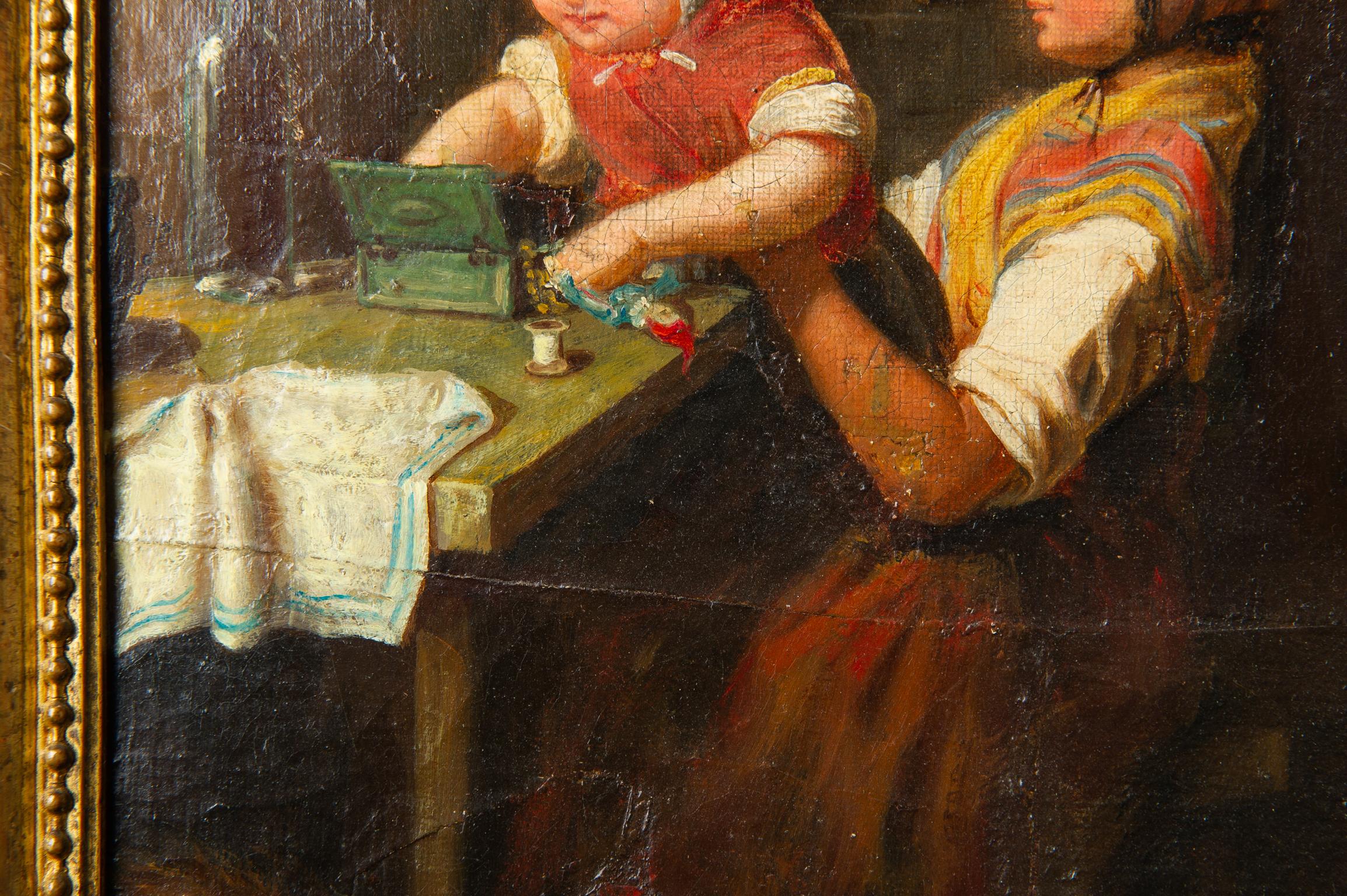 XVIIIe siècle Petite peinture ancienne « Enfants jouant » en vente