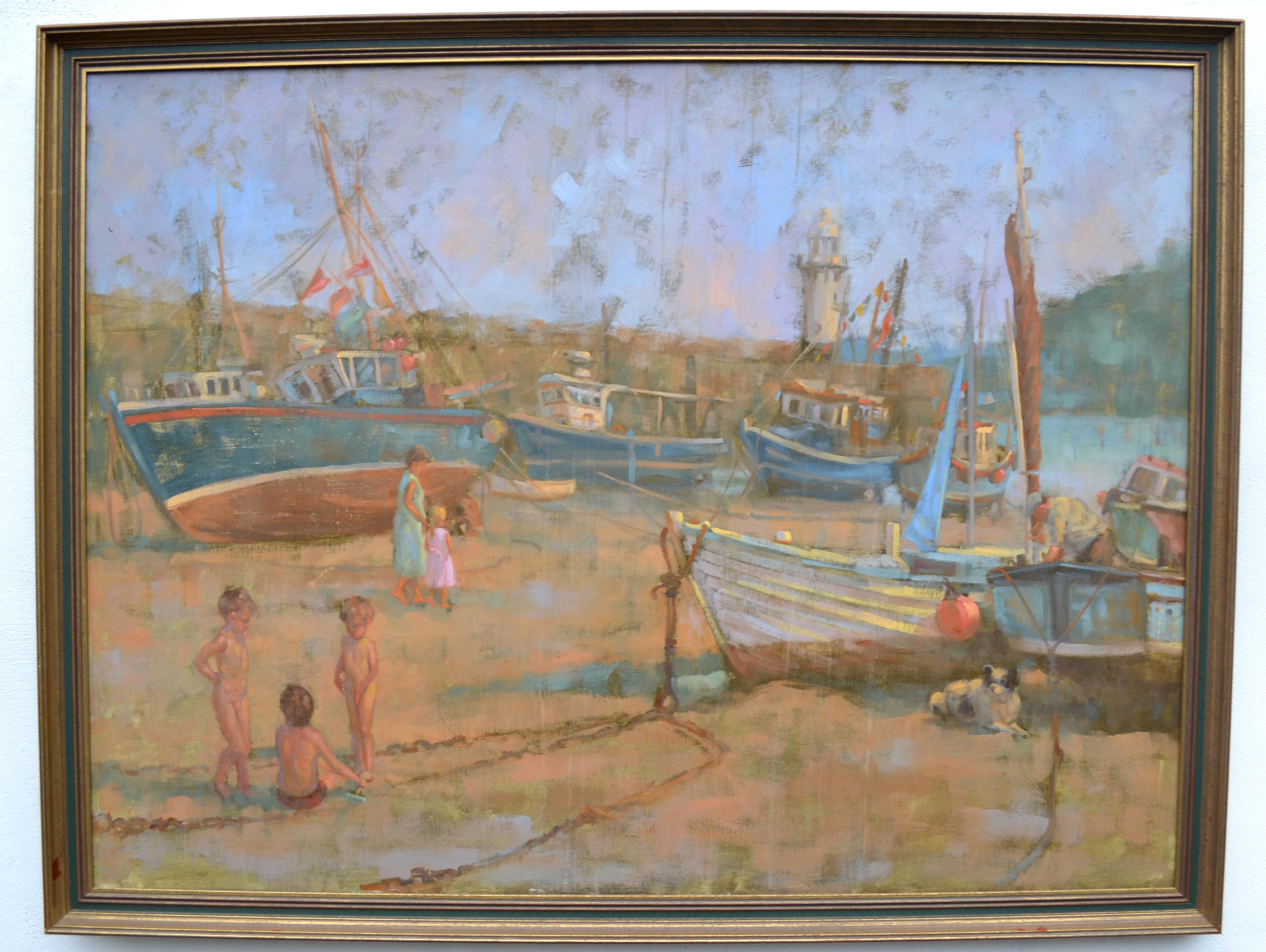 Typical Tiffin scene. Young children playing at the harbor St Ives, England, at low tide.

Framed 39