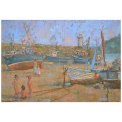 Vintage "Children Playing, Low Tide" English Figurative Oil Painting
