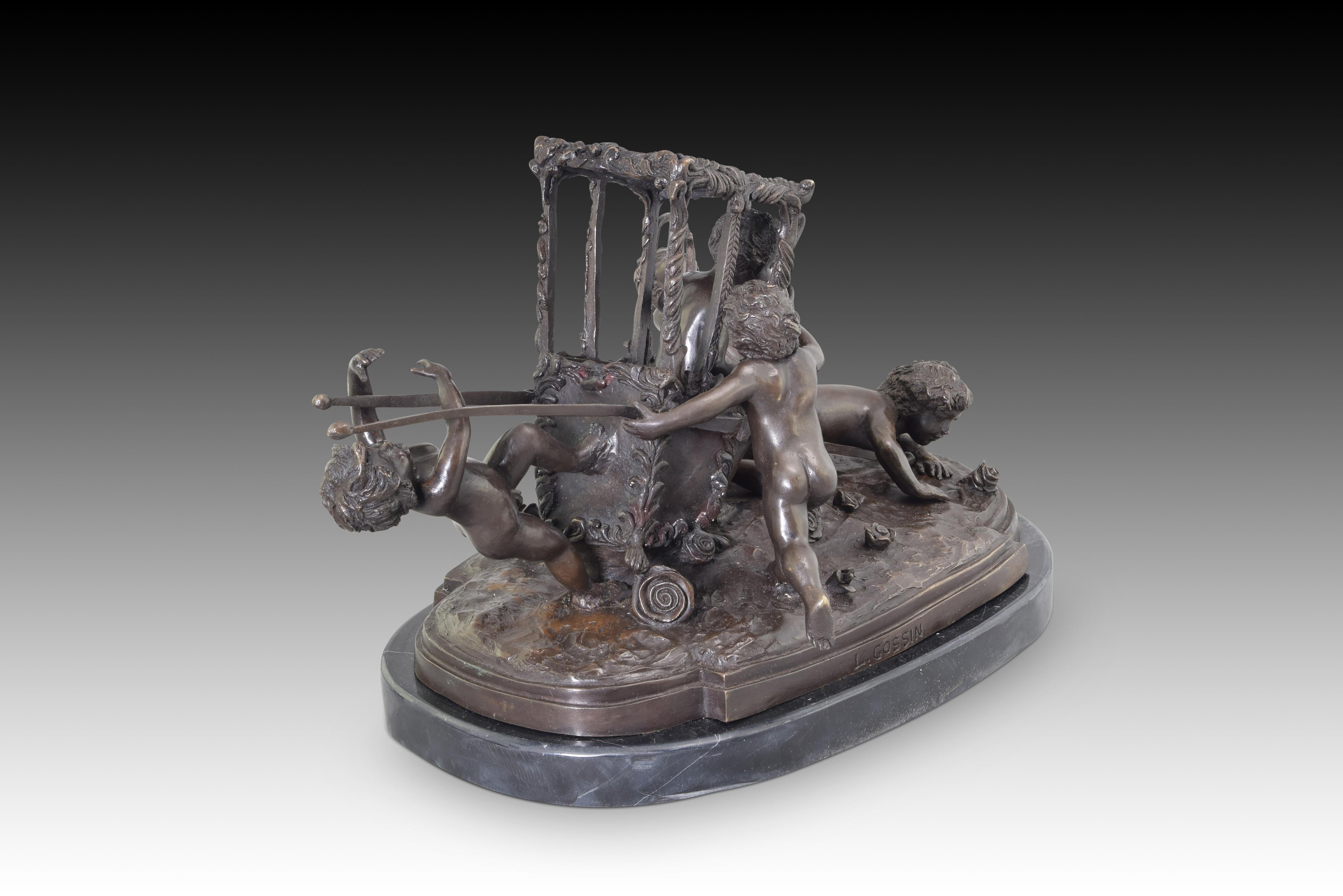 Other Children with a Sedan Chair, Bronze and marble, 20th Century For Sale