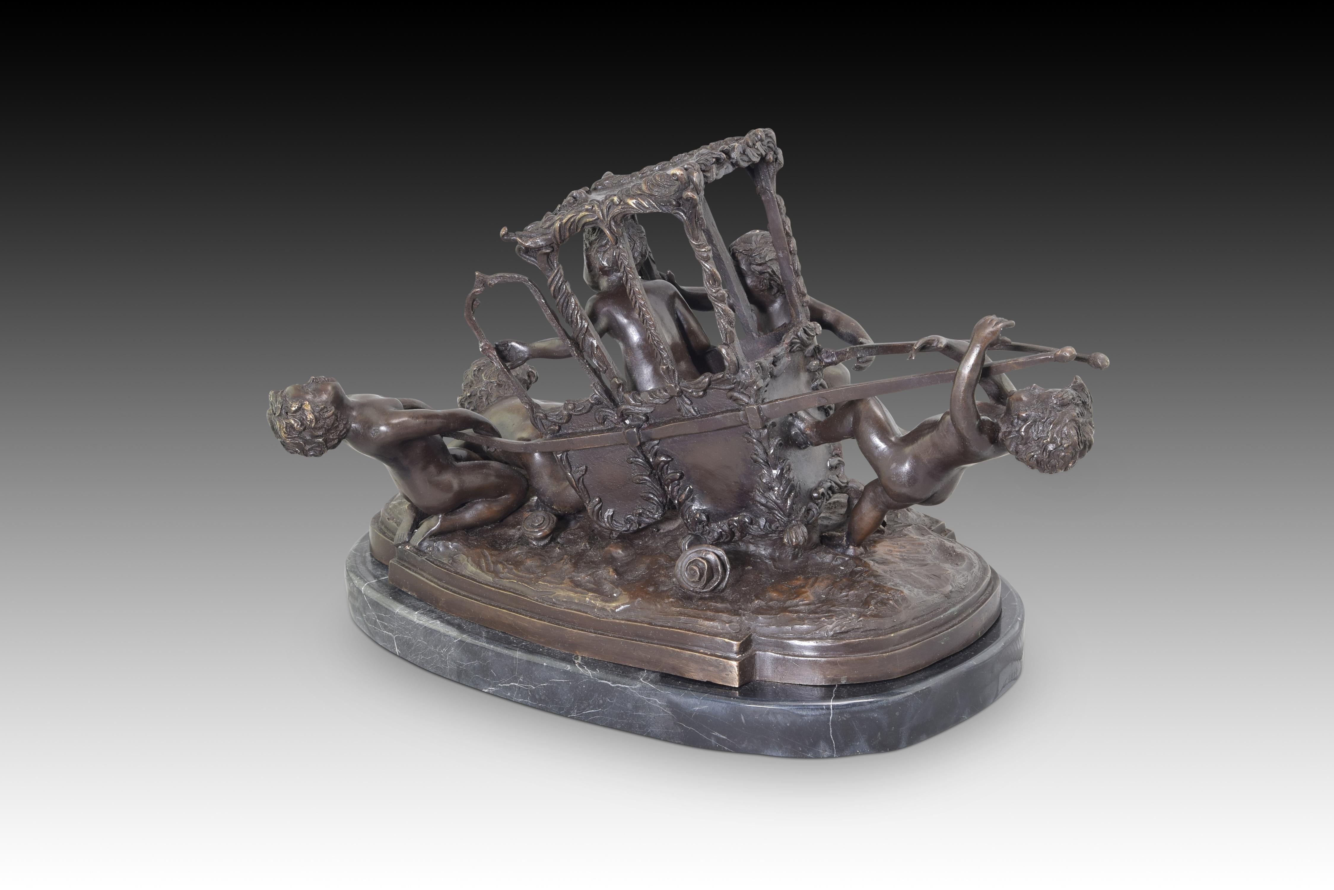European Children with a Sedan Chair, Bronze and marble, 20th Century For Sale