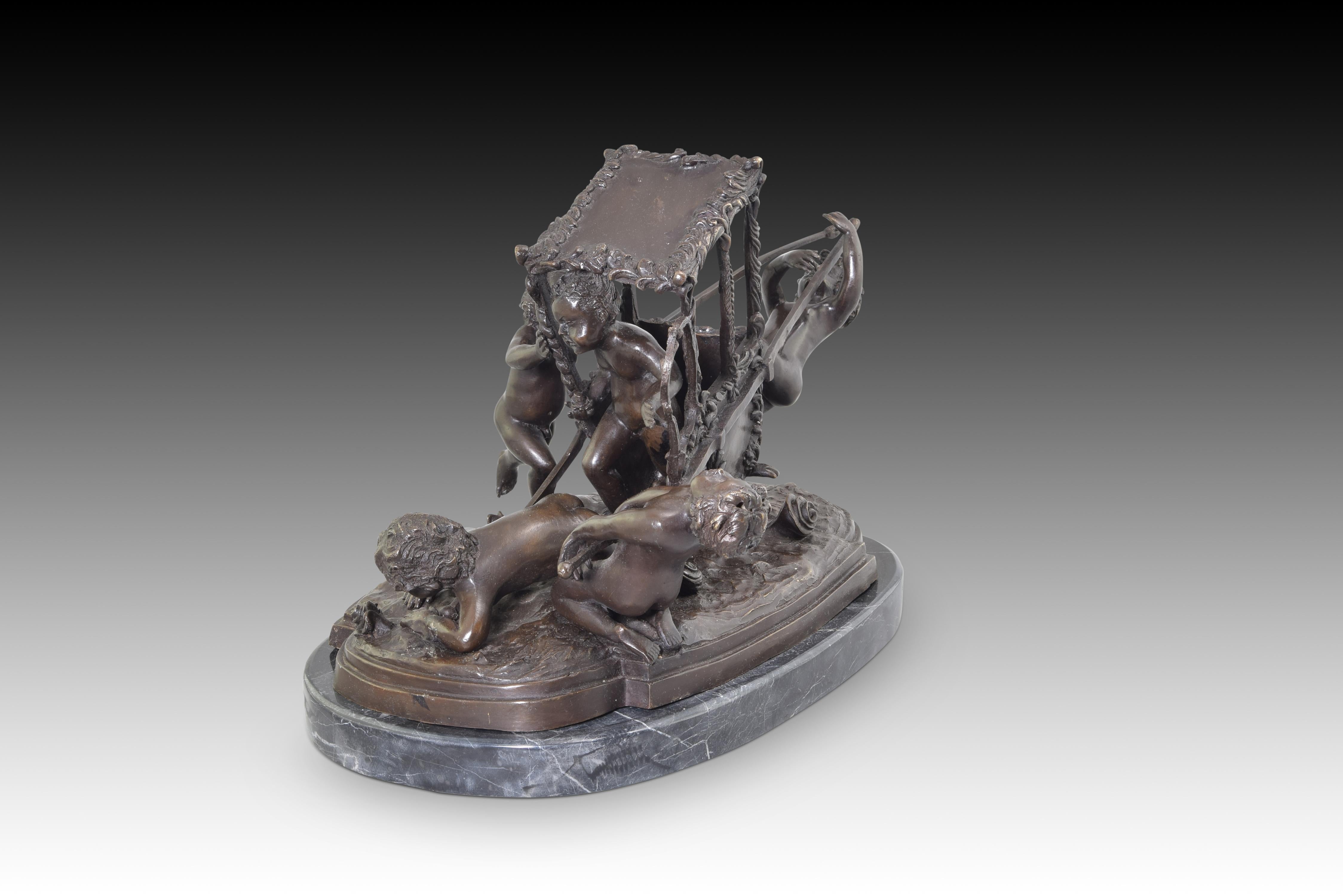Children with a Sedan Chair, Bronze and marble, 20th Century In Fair Condition For Sale In Madrid, ES
