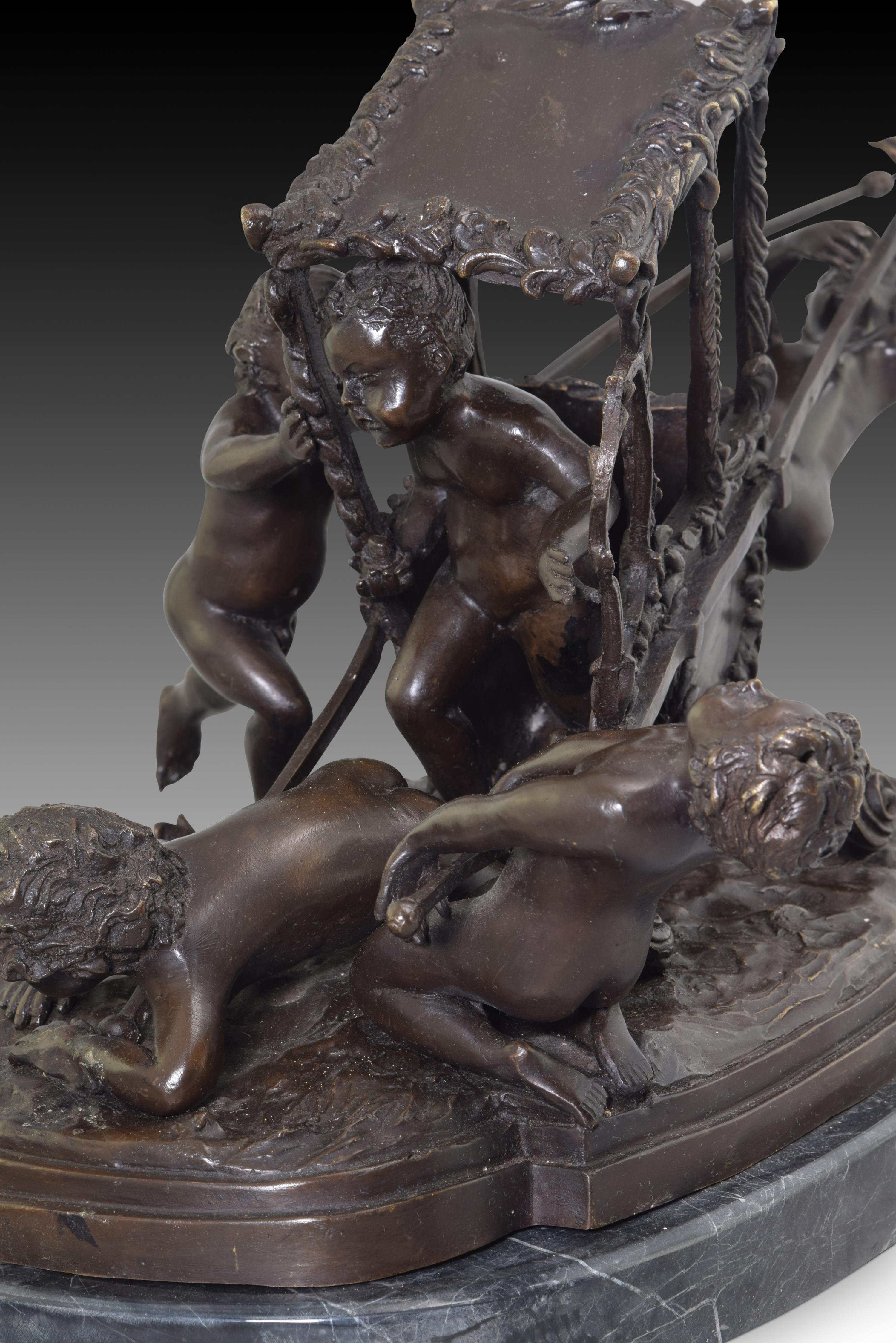 Marble Children with a Sedan Chair, Bronze and marble, 20th Century For Sale