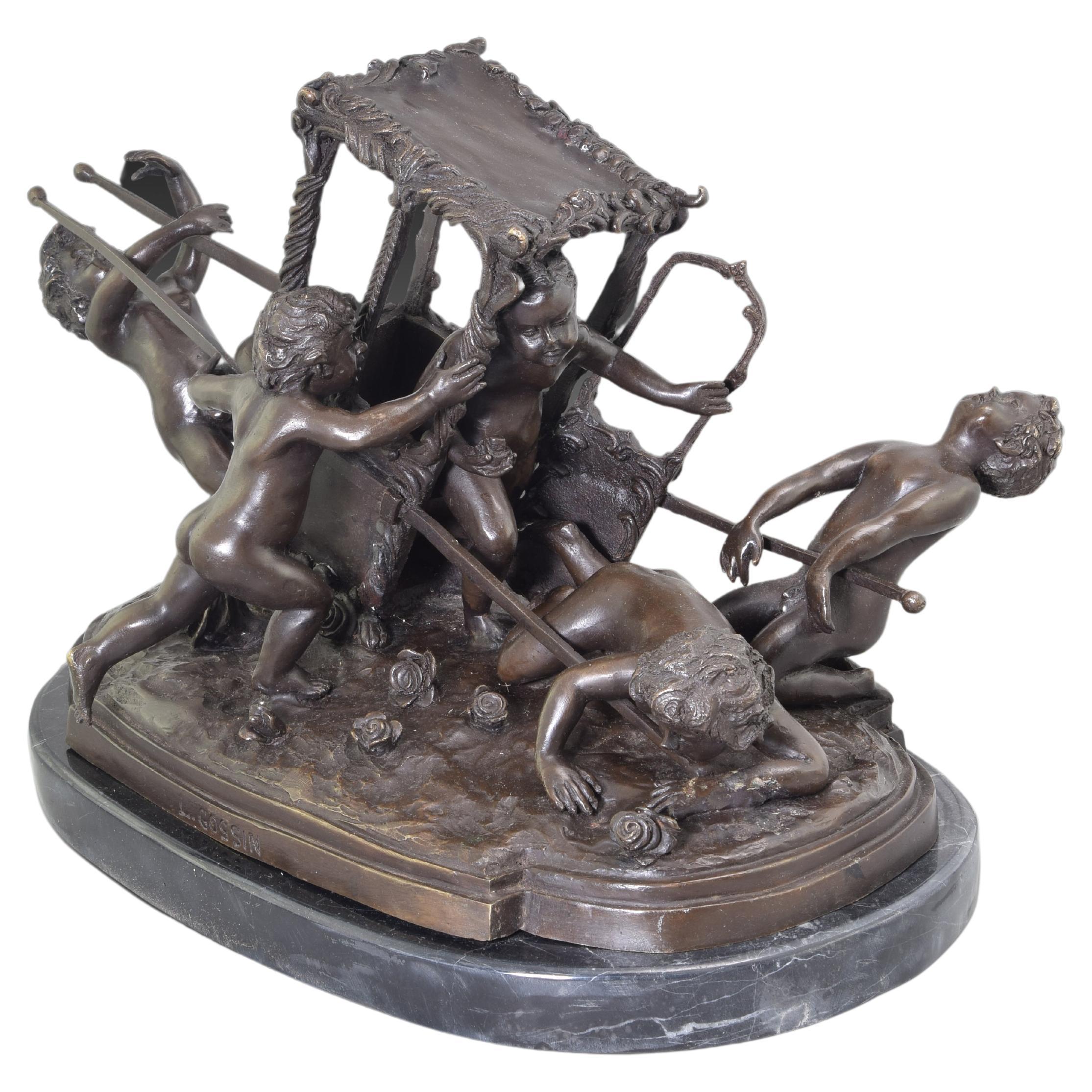 Children with a Sedan Chair, Bronze and marble, 20th Century For Sale