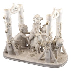 Antique Children with Ram, Porcelain Biscuit, France, 19th Century with Mark
