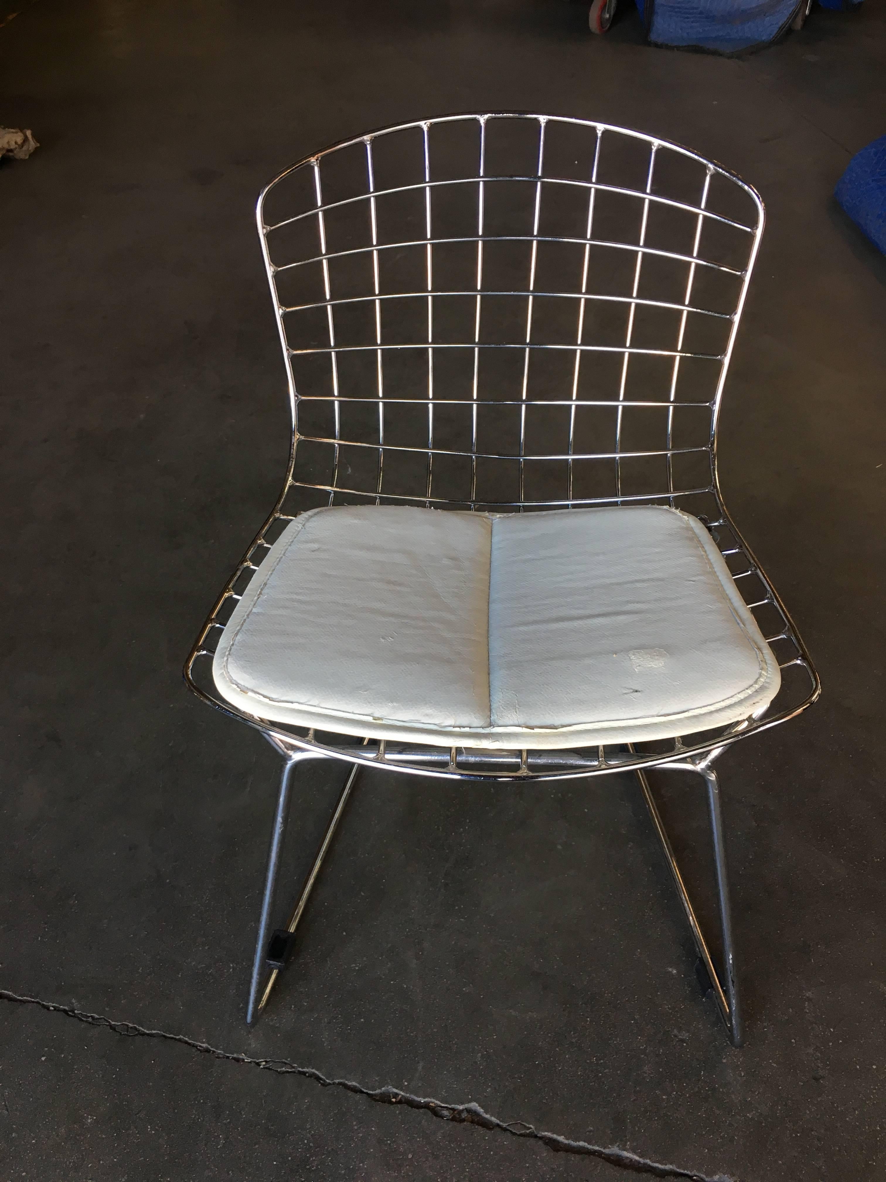Mid-Century Modern Chrome Children's Bertoia Side Chair with White Seat Cushion by Knoll, Pair