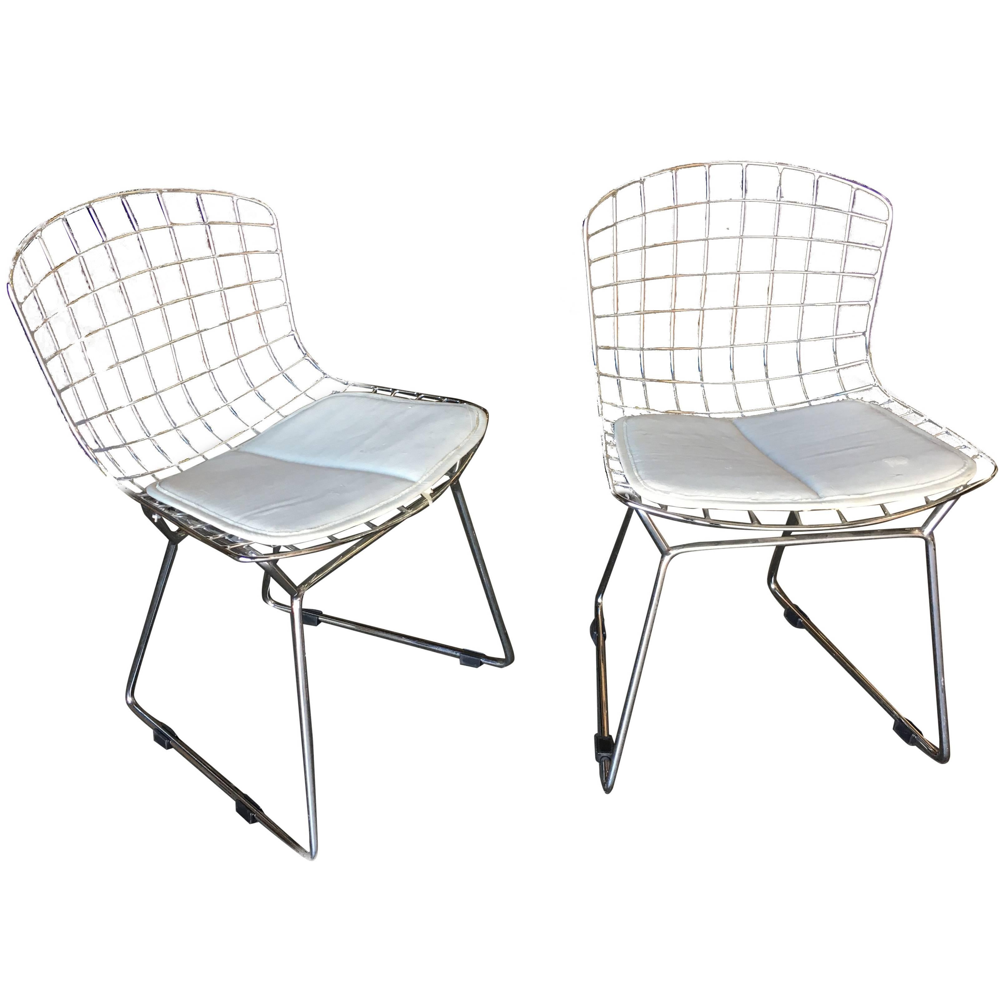 Chrome Children's Bertoia Side Chair with White Seat Cushion by Knoll, Pair