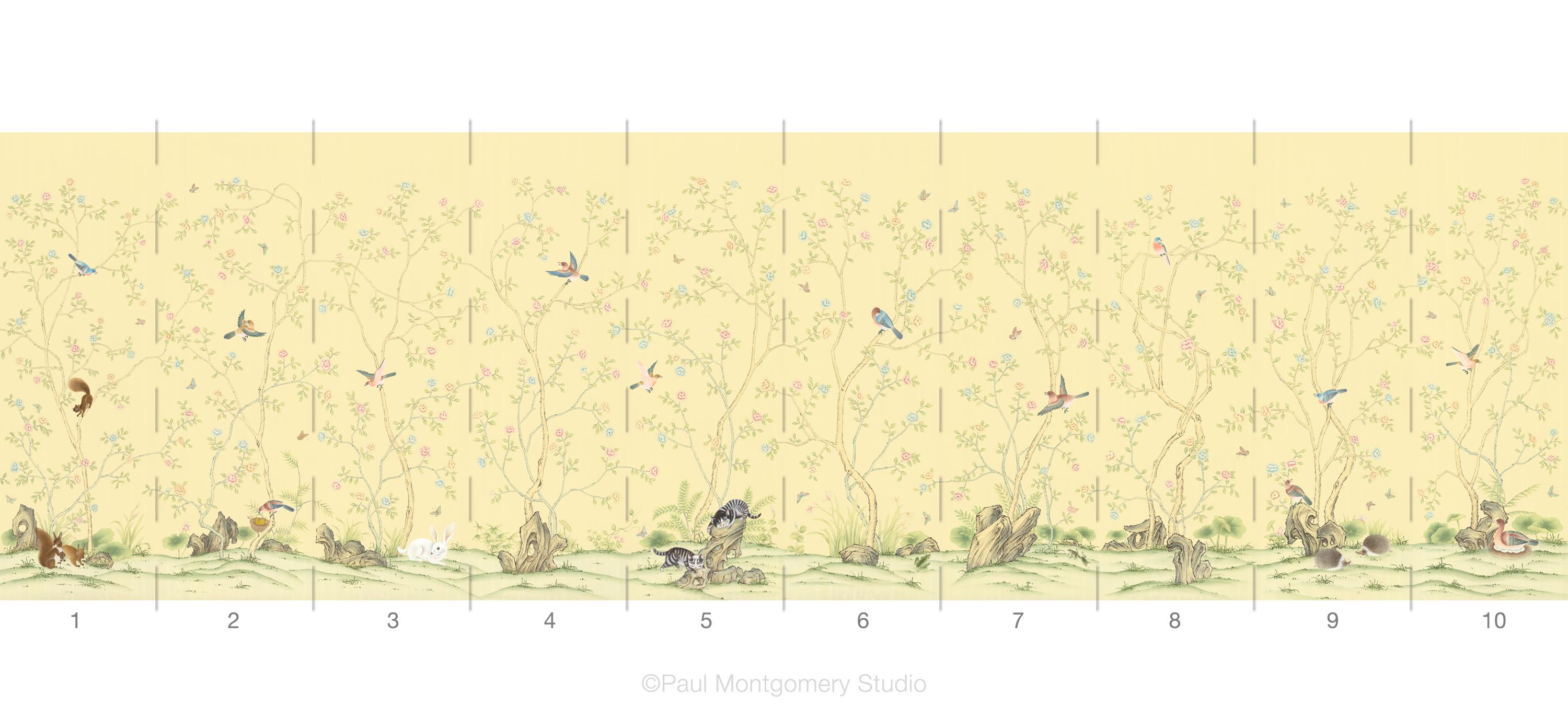 This delightful Chinoiserie wallpaper mural was created with children in mind.  Soft tones of yellow, red and blue are used to create an idyllic scene in which a host of cute animals live together.  Each hand painted panel is three feet wide by ten