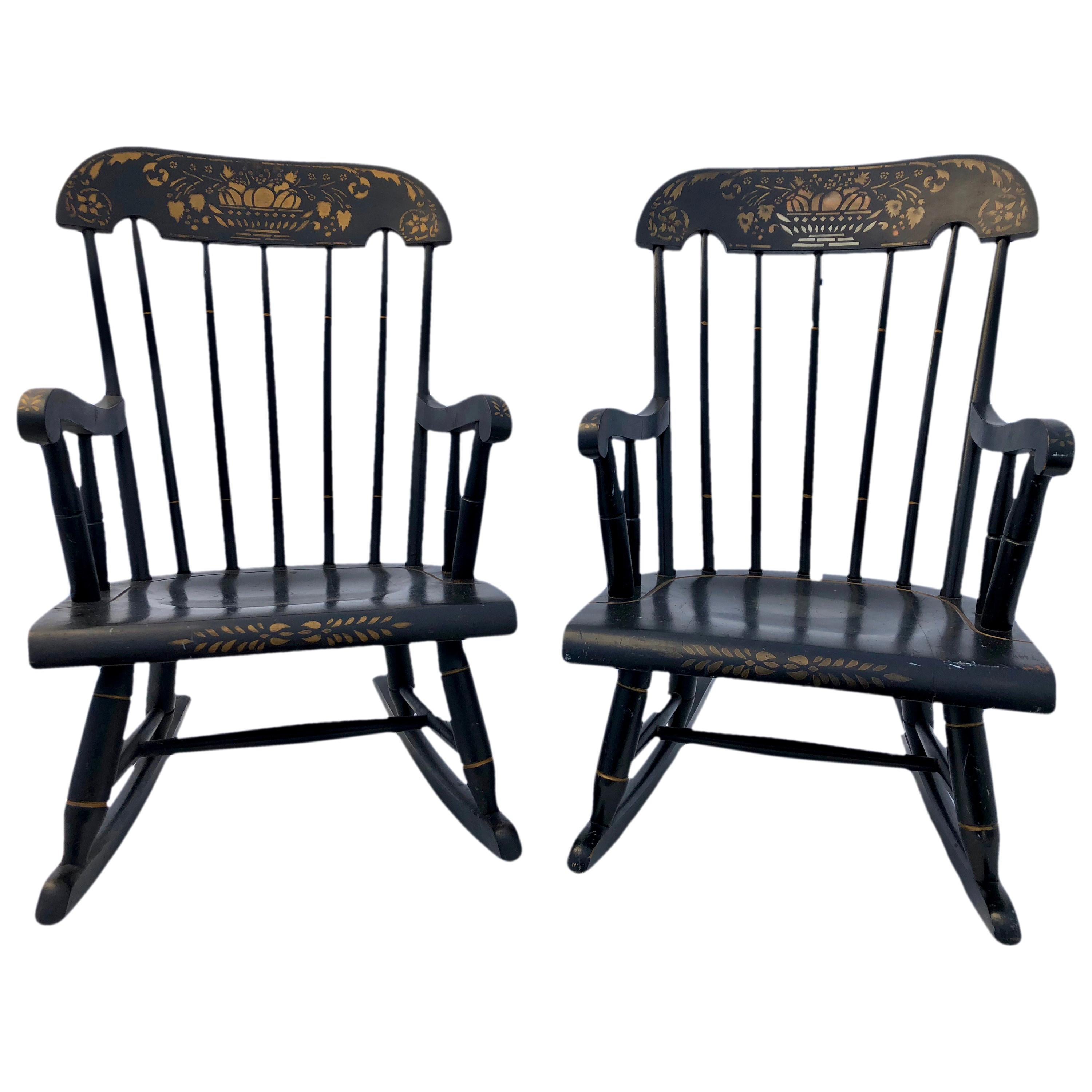 Children's Hitchcock Style Rocking Chair Black & Gilt Hand Painted Stencil, Pair For Sale