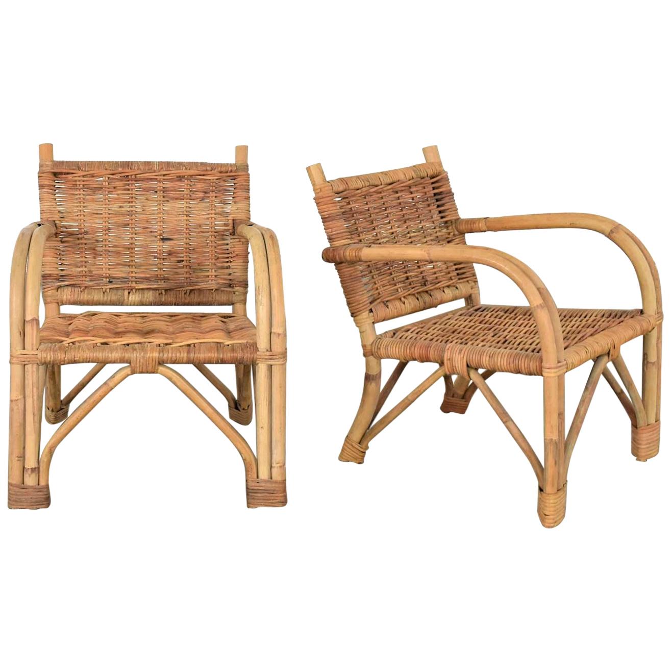 Children’s Rattan and Wicker Chairs with Bent Arms Vintage Pair, 1930-1960