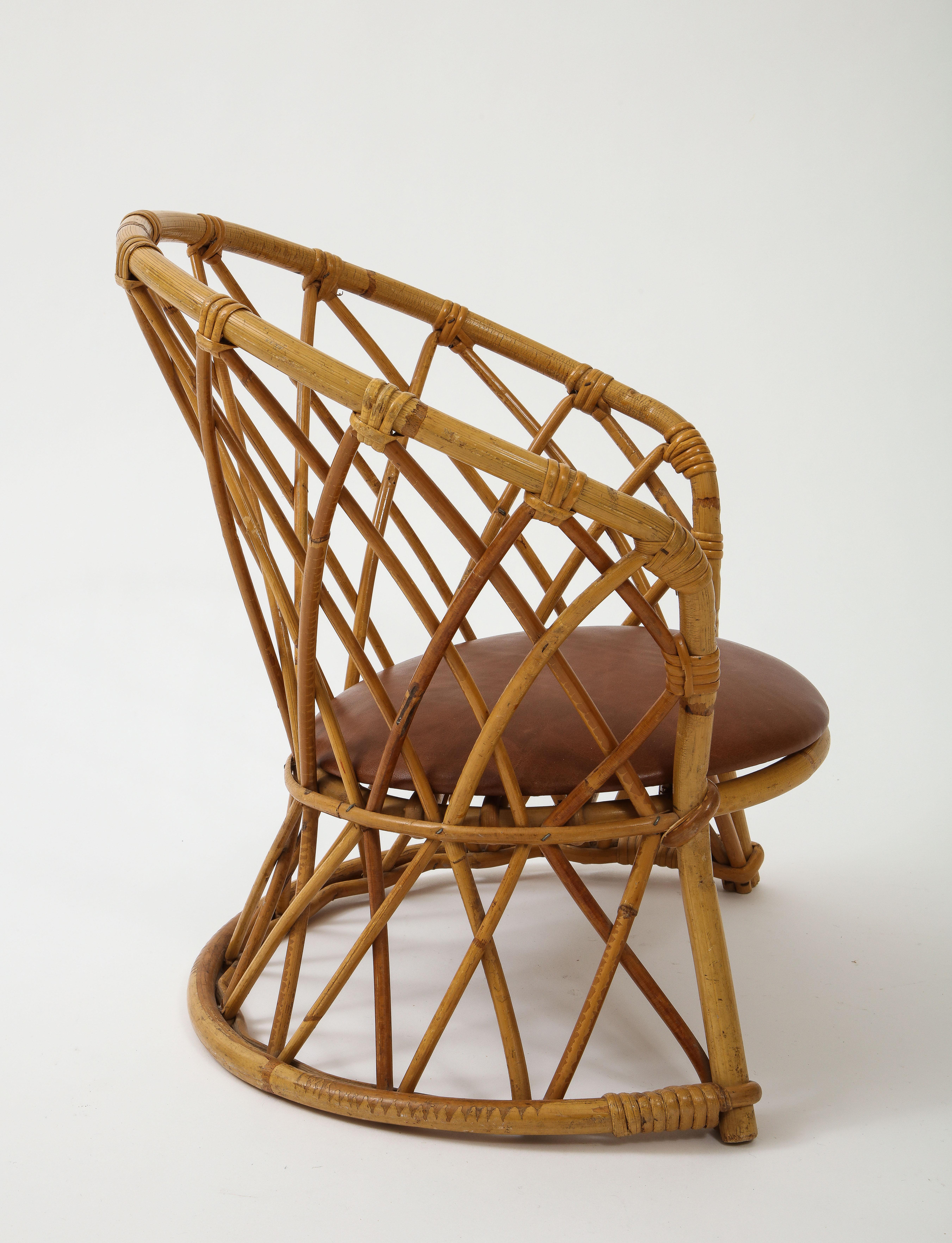 Mid-Century Modern Childrens Rattan Chair with Brown Leather Seat, 1950s, France