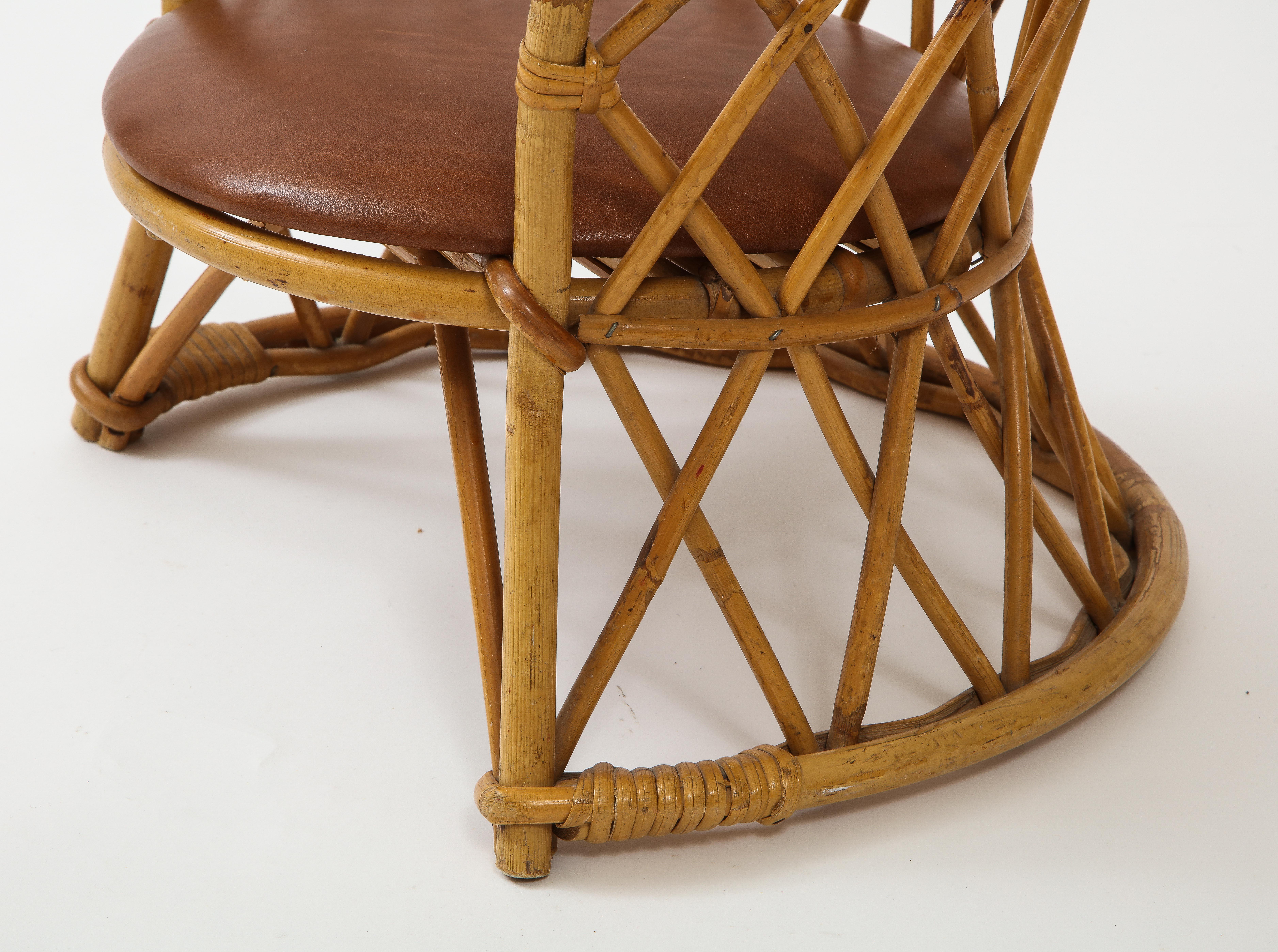 French Childrens Rattan Chair with Brown Leather Seat, 1950s, France