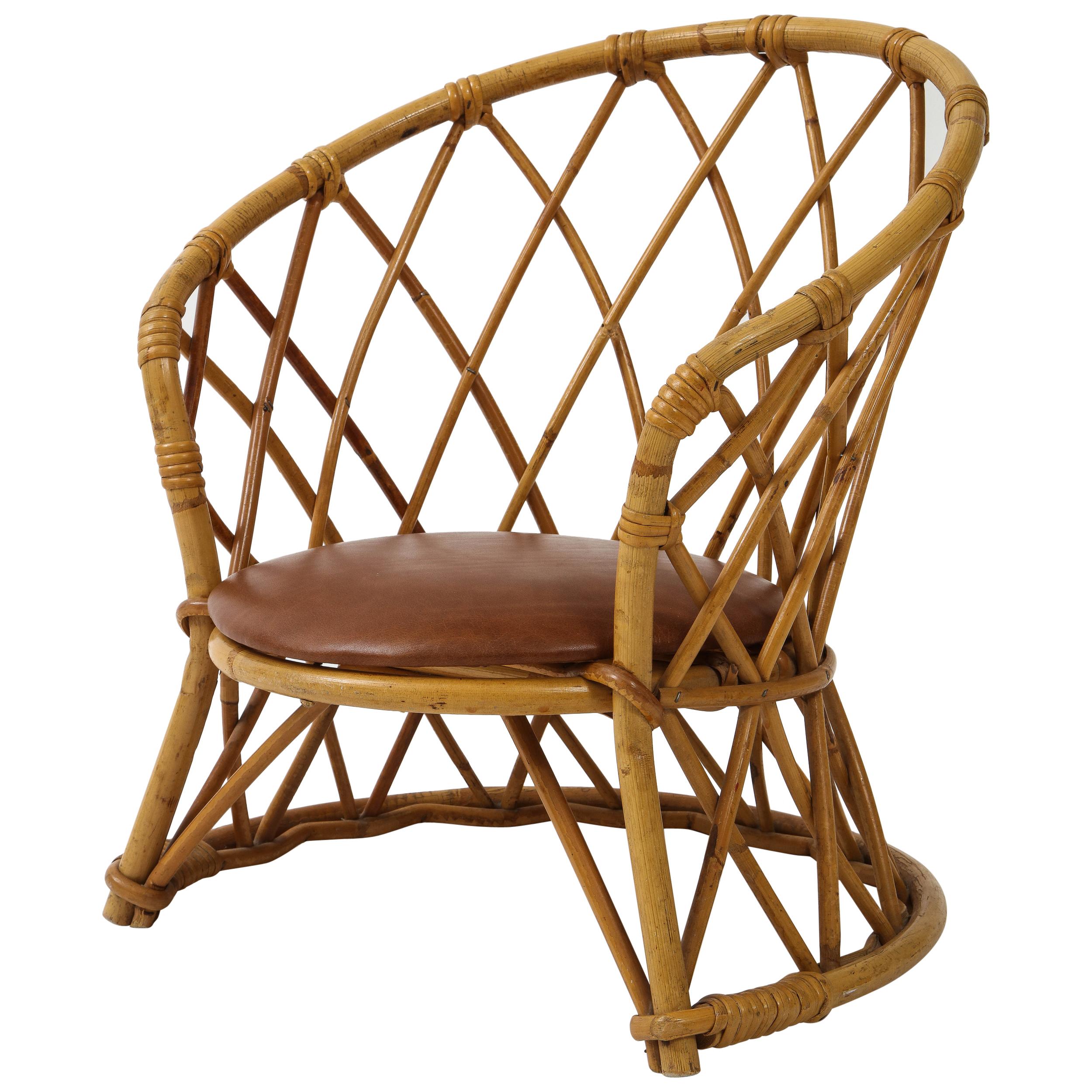 Childrens Rattan Chair with Brown Leather Seat, 1950s, France