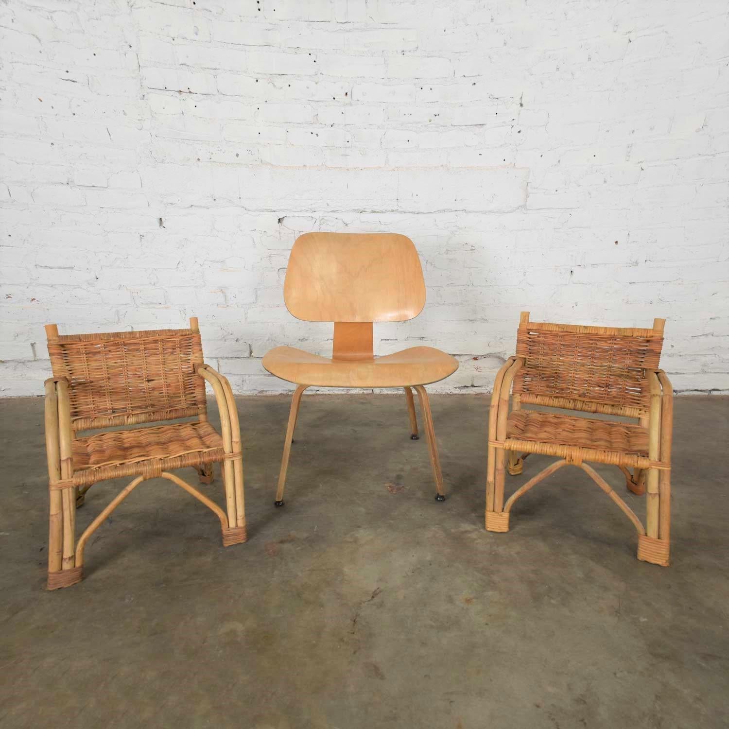 Mid-Century Modern Children’s Rattan and Wicker Chairs with Bent Arms Vintage Pair, 1930-1960