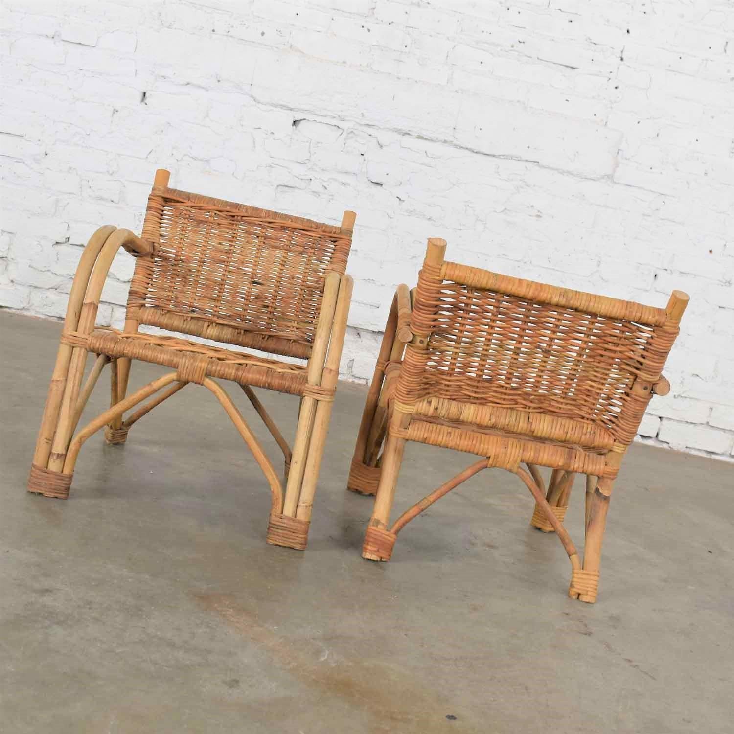 American Children’s Rattan and Wicker Chairs with Bent Arms Vintage Pair, 1930-1960