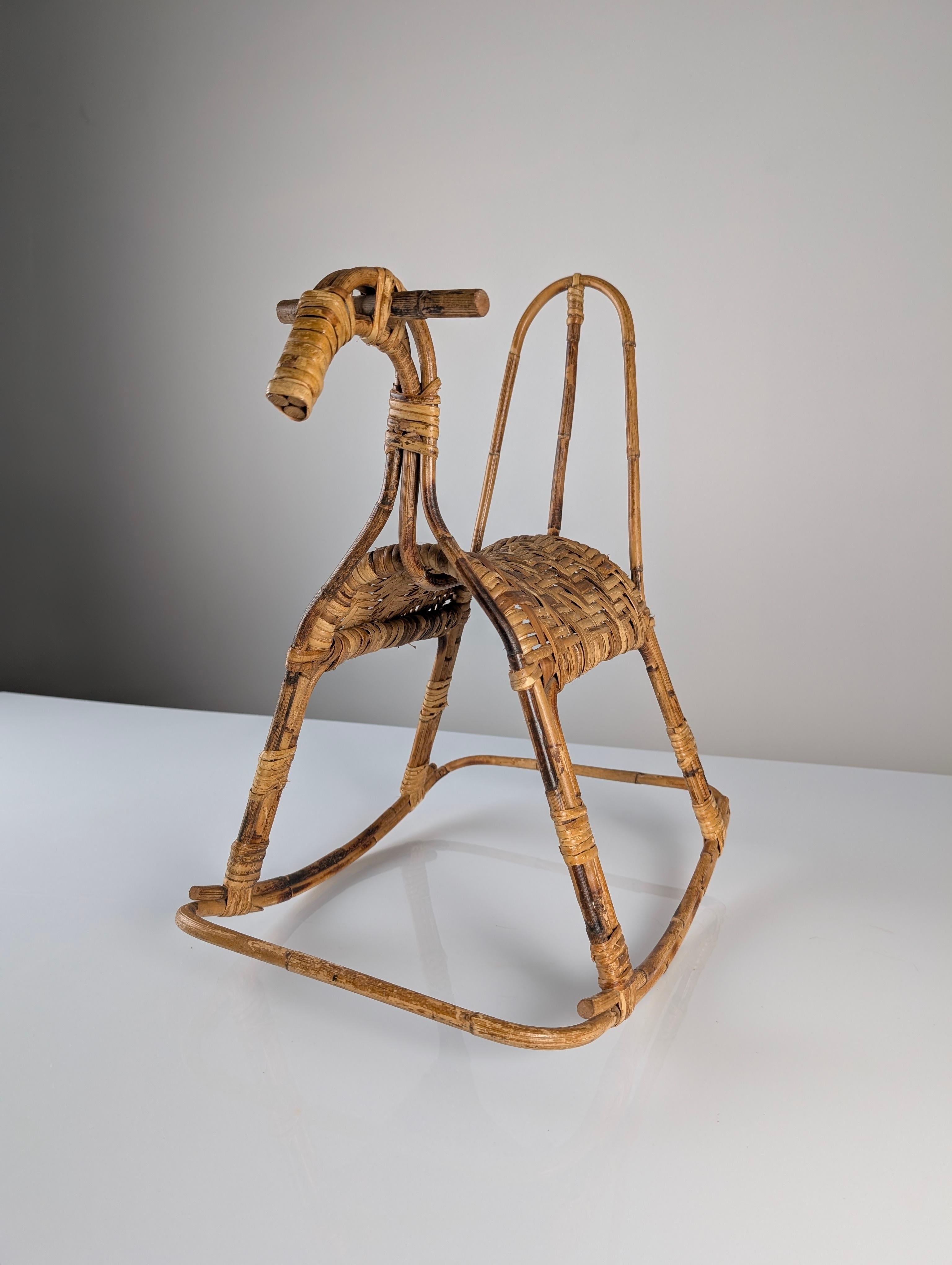 Mid-Century Modern Children's rocking horse made of bamboo and rattan 1960s For Sale