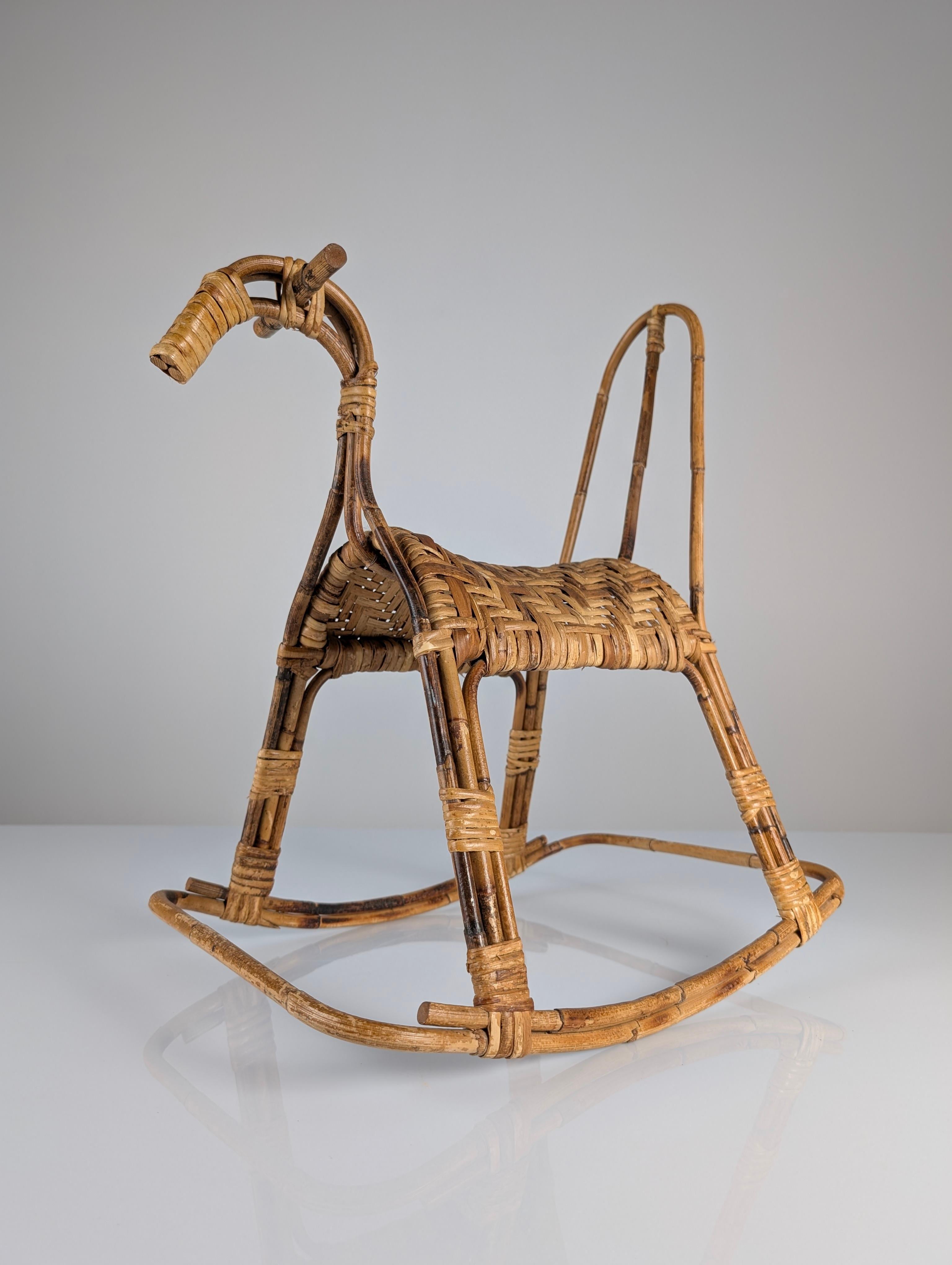 European Children's rocking horse made of bamboo and rattan 1960s For Sale